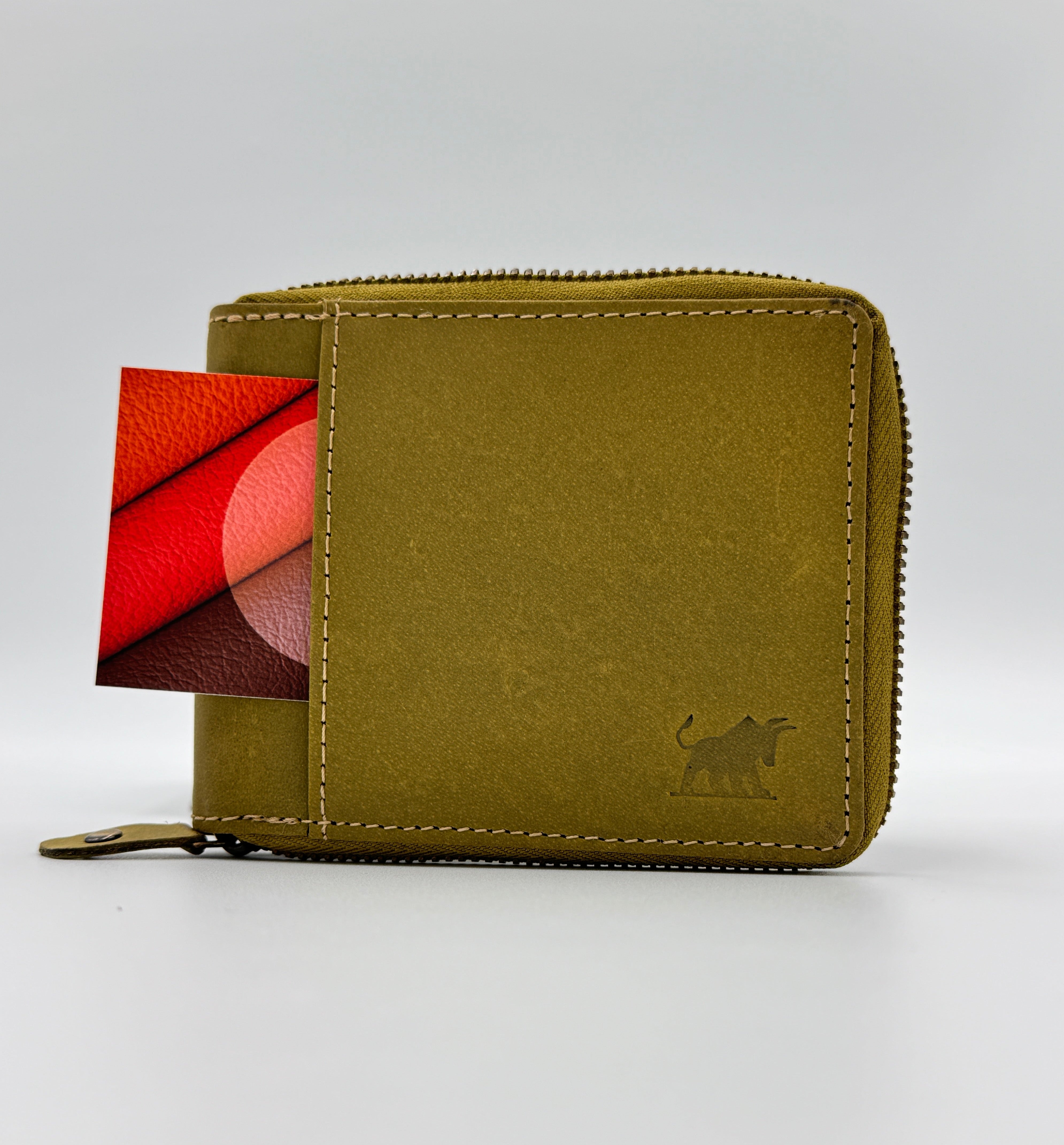 Green cardholder with a small logo on a white background