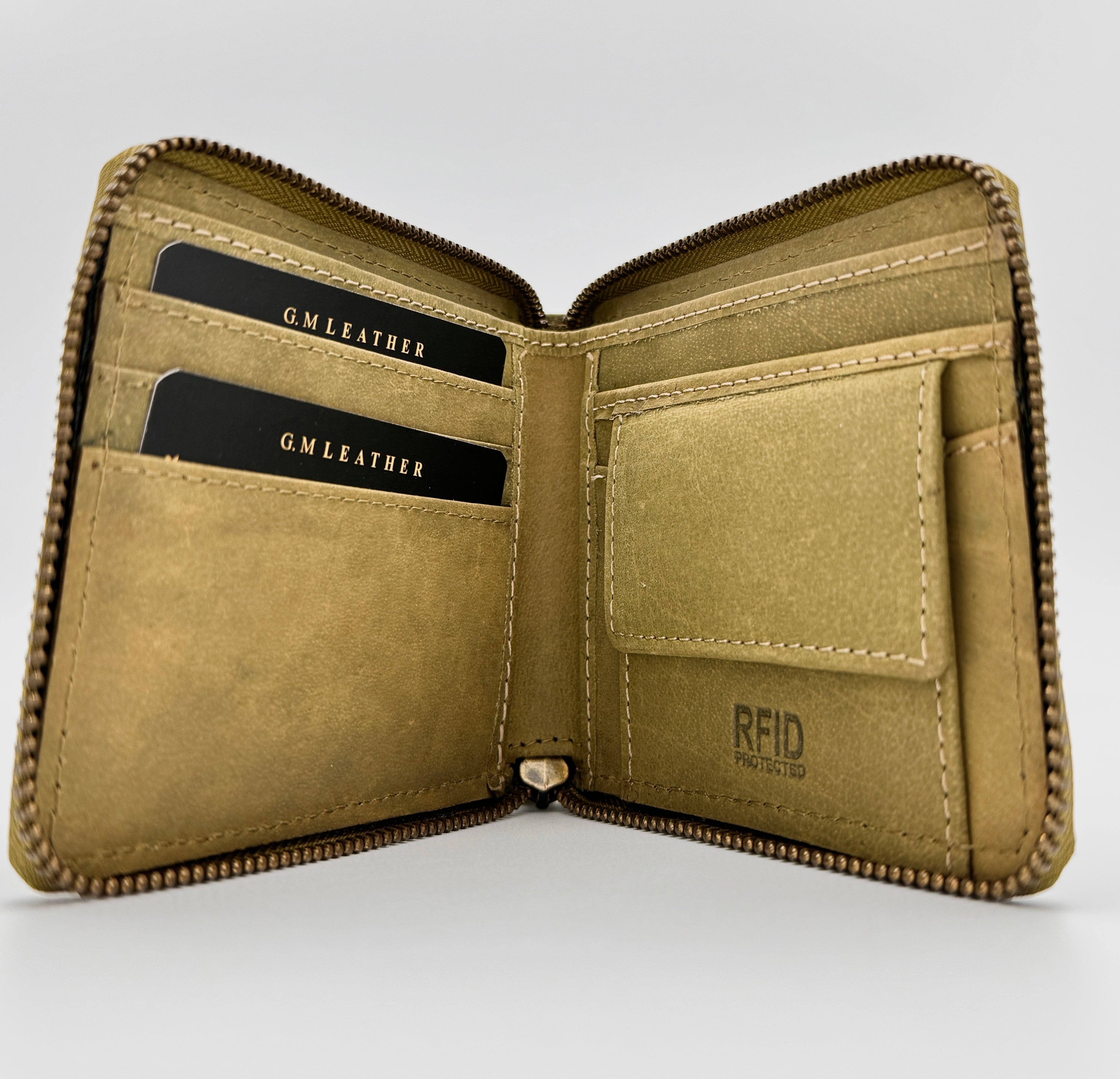 Olive Green & Light Brown Leather Zip Wallet – Premium RFID-Blocking Men's Wallet (gm-155)
