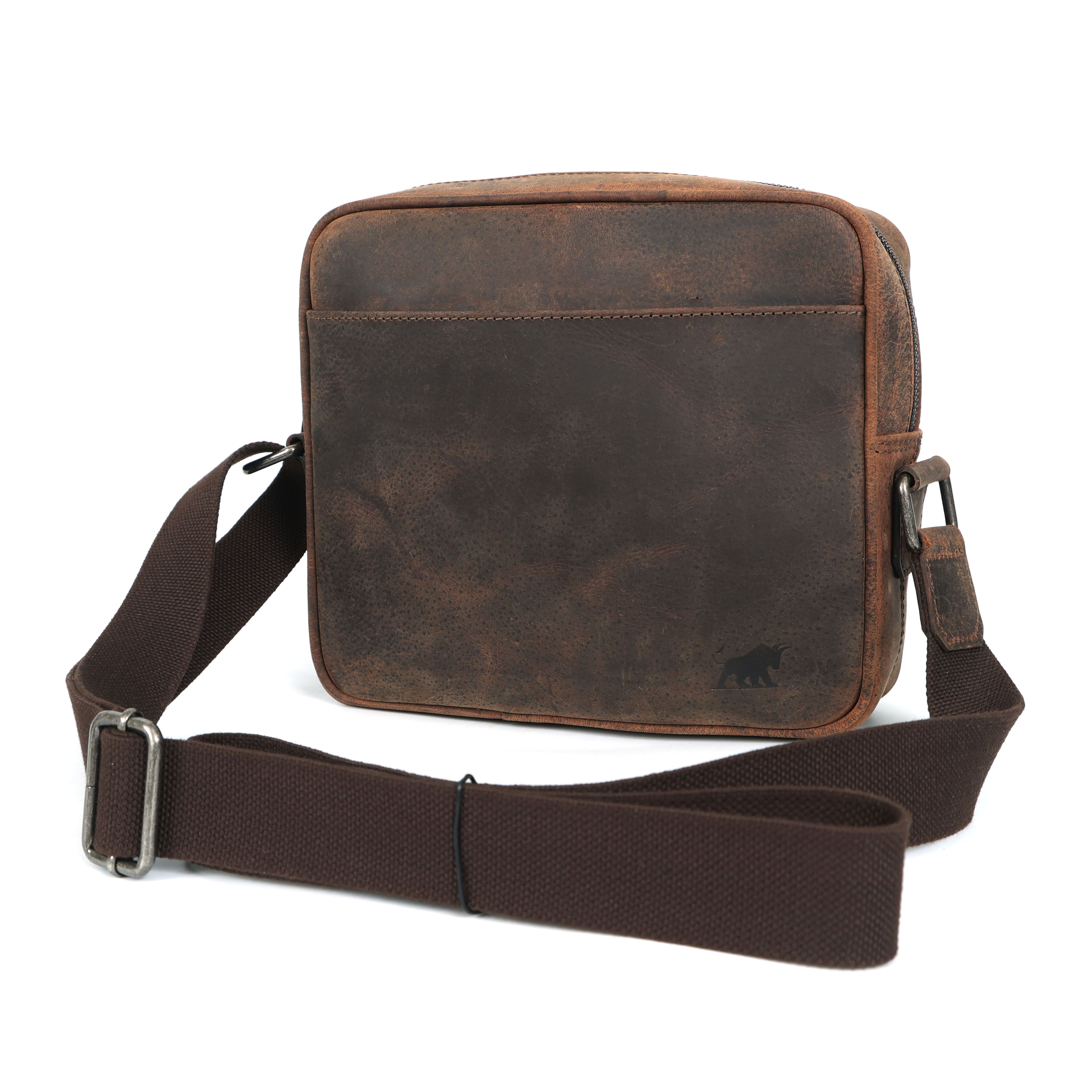 distressed leather crossbody shoulder bag with an adjustable textile strap