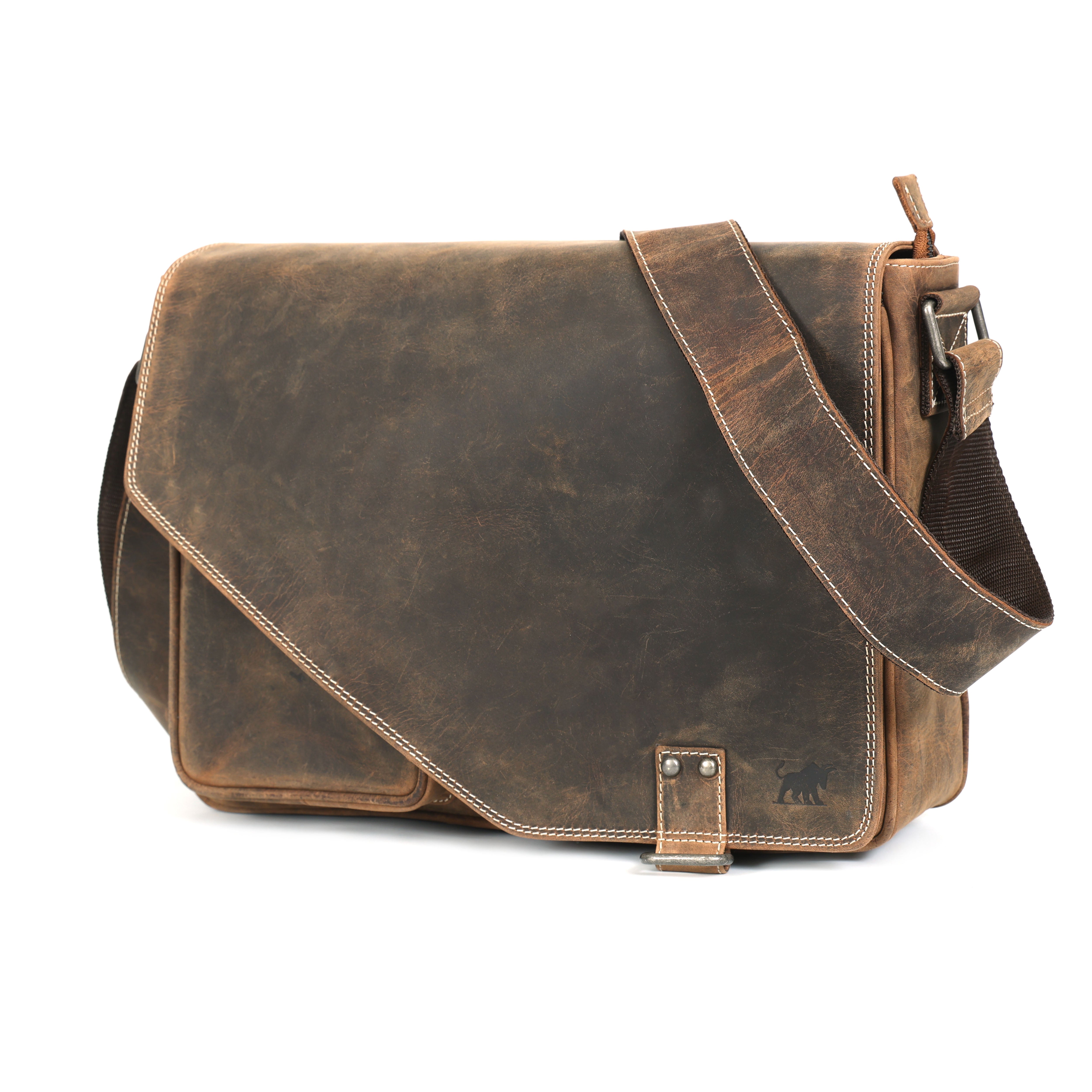brown distressed leather crossbody shoulder bag with an adjustable textile strap