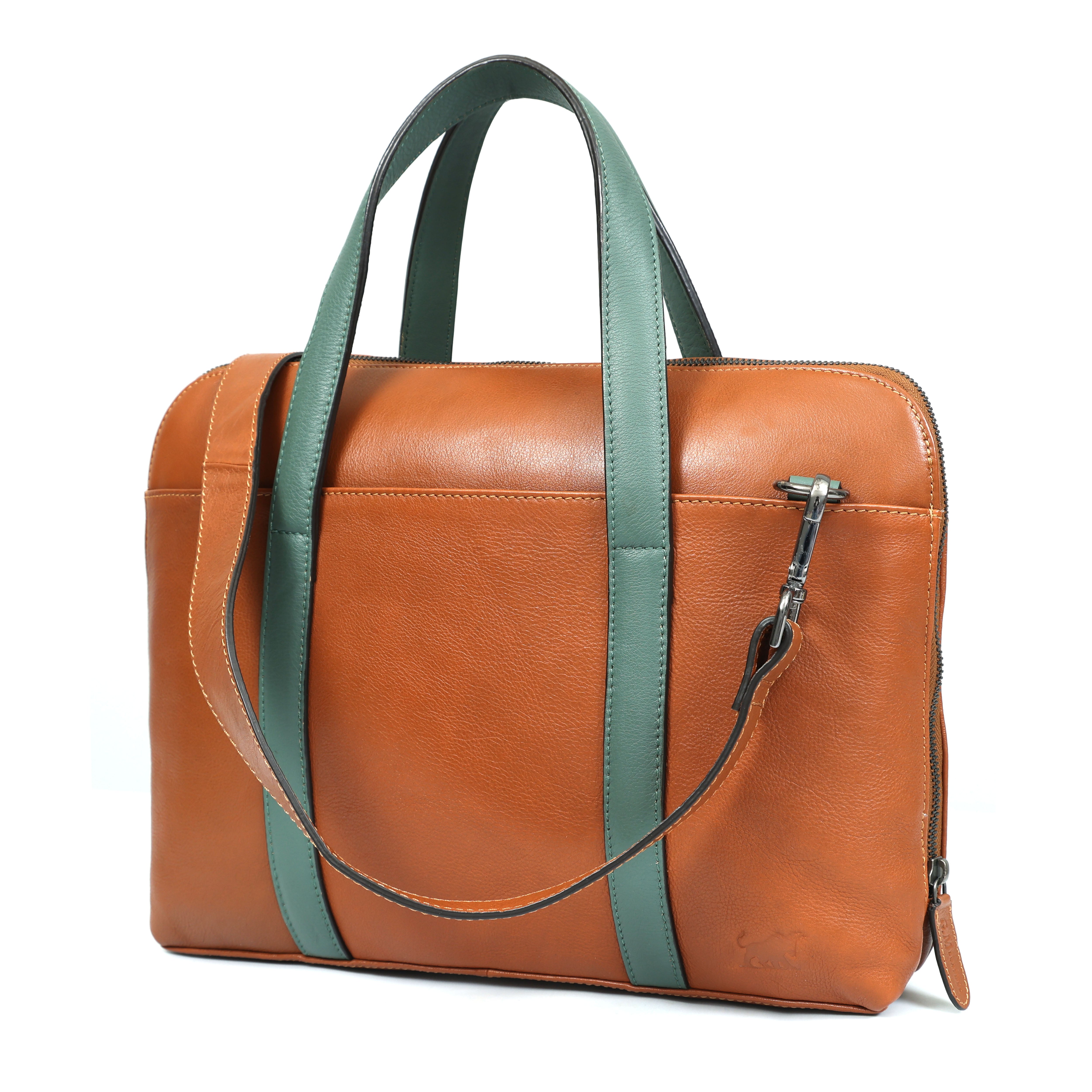  tan and green two-tone leather laptop bag with dual top handles, a zip closure, and a detachable shoulder strap
