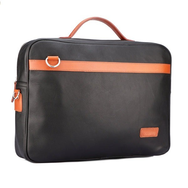 Black briefcase with orange accents on a white background