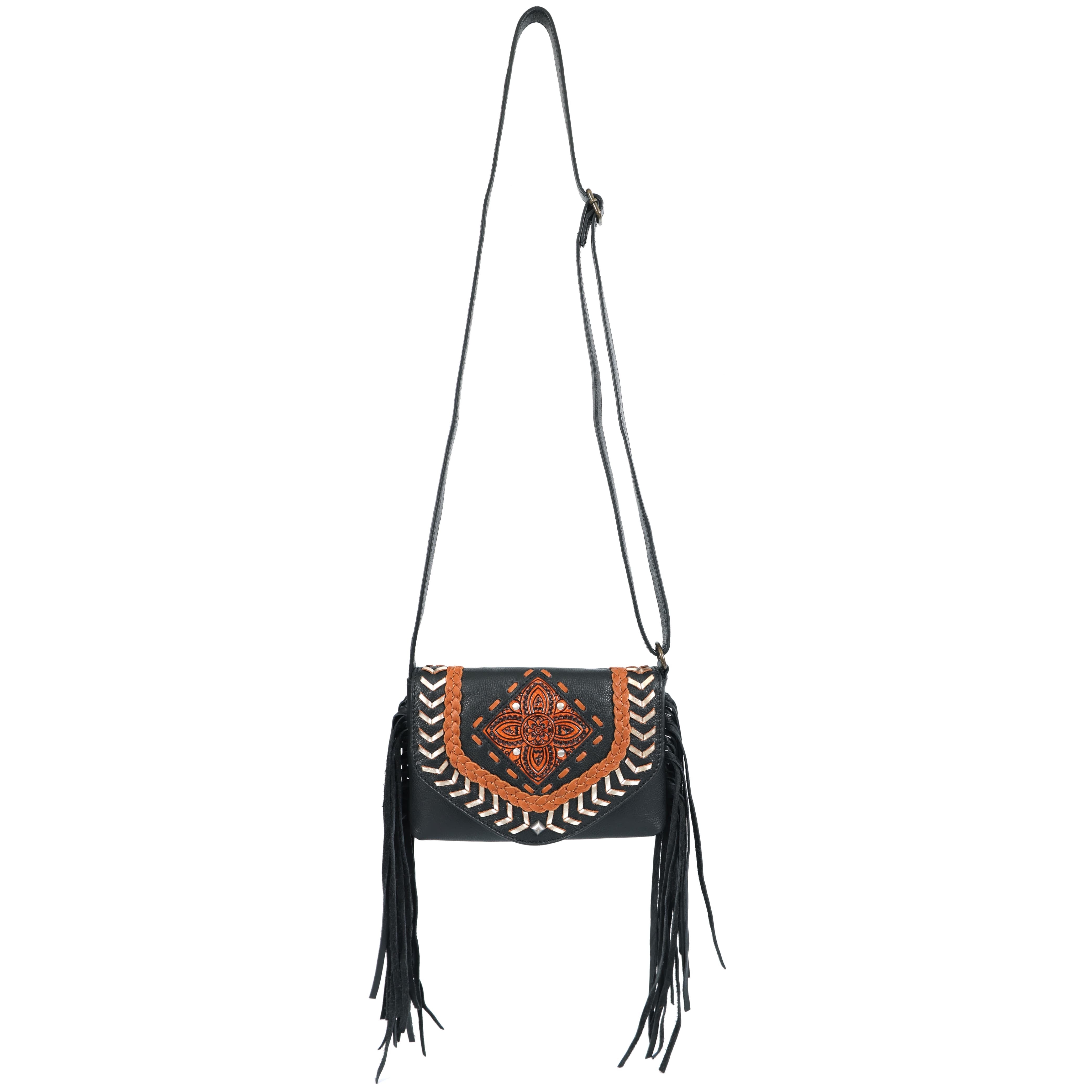 The Mahiya Coachella Bag is a hand-tooled leather crossbody bag that can also be used as a clutch by removing the strap. It is designed with a bohemian aesthetic, featuring tassels, fringe, and detailed leather work.