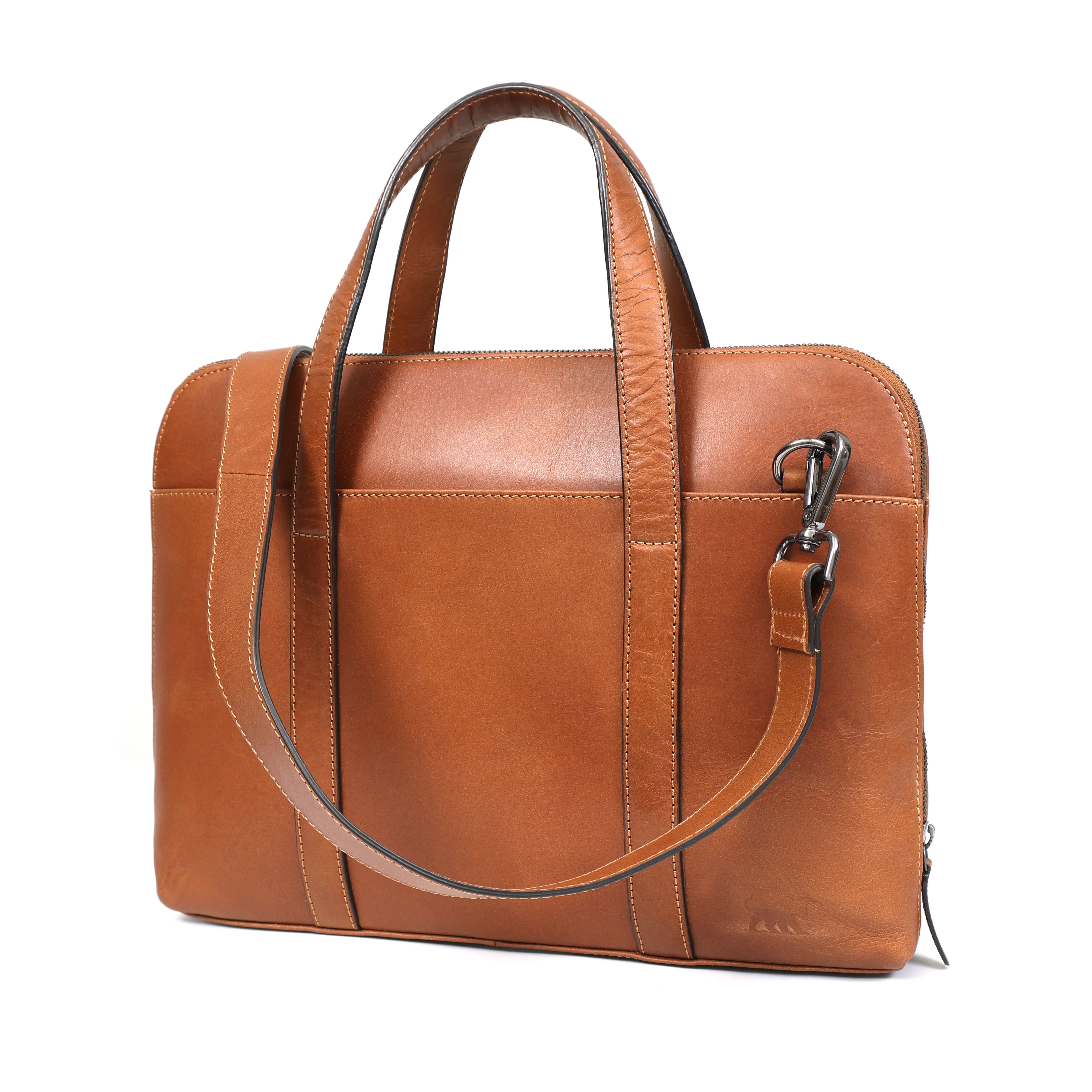 cognac brown full-grain leather laptop bag with dual top handles, a detachable shoulder strap, and a zip closure
