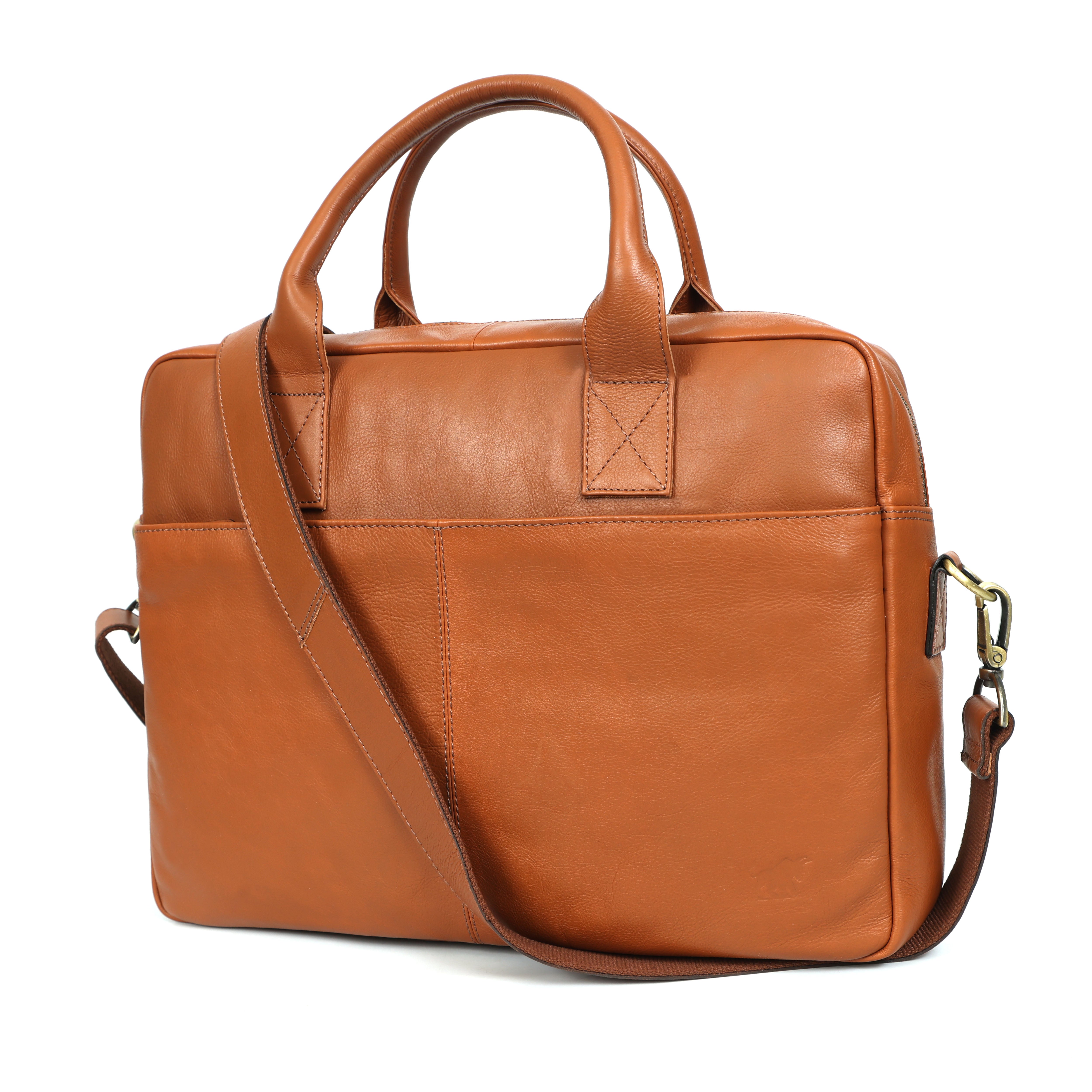 Tan brown leather briefcase with top handles, a front pocket, and a detachable shoulder strap, shown on a white background.
