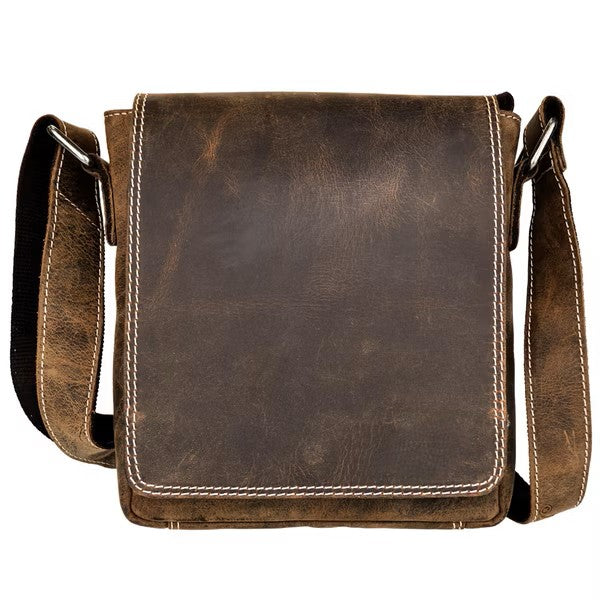 Brown leather messenger bag on a white background