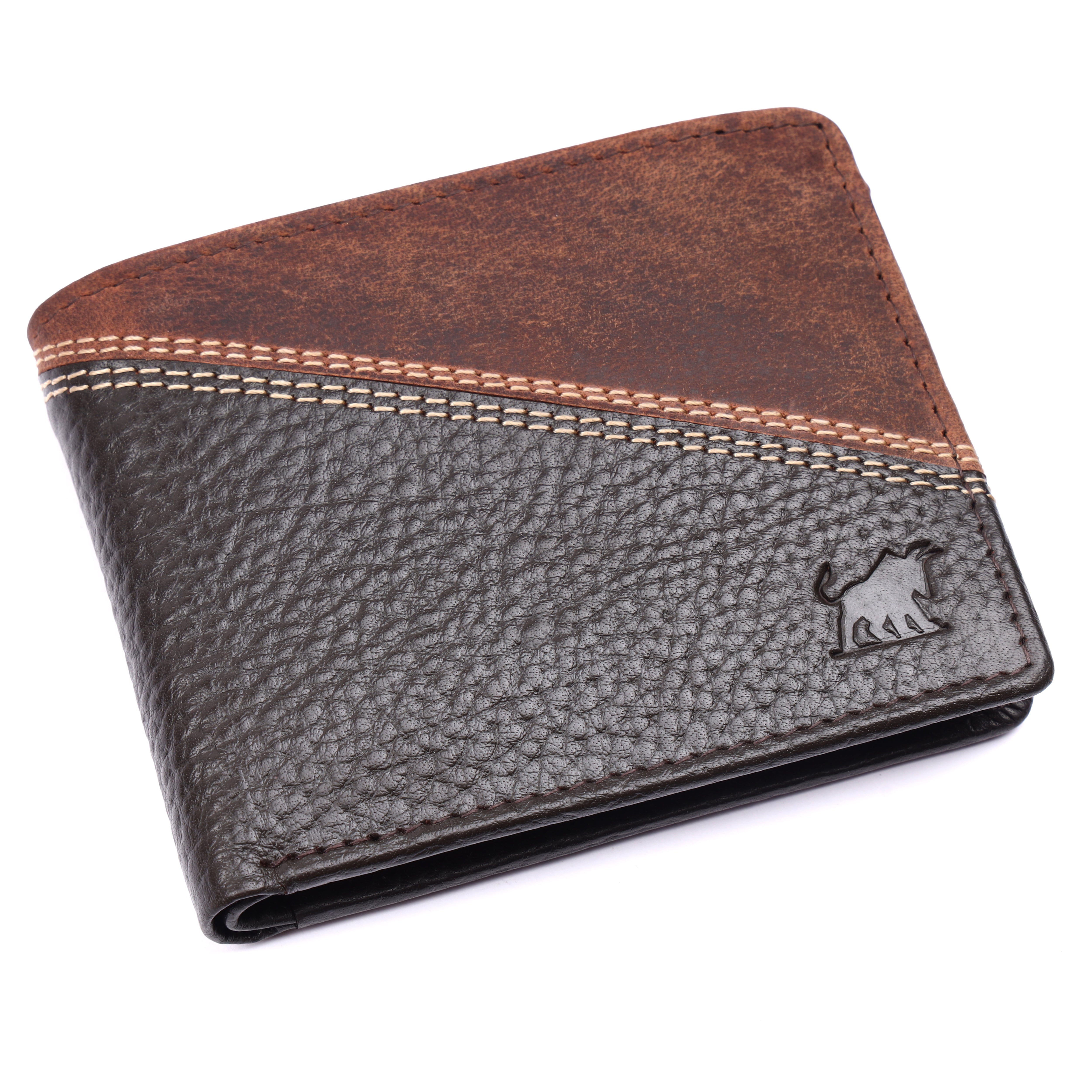 Handcrafted men's dark brown textured leather RFID wallet with signature bull logo by GM Leather Auckland.