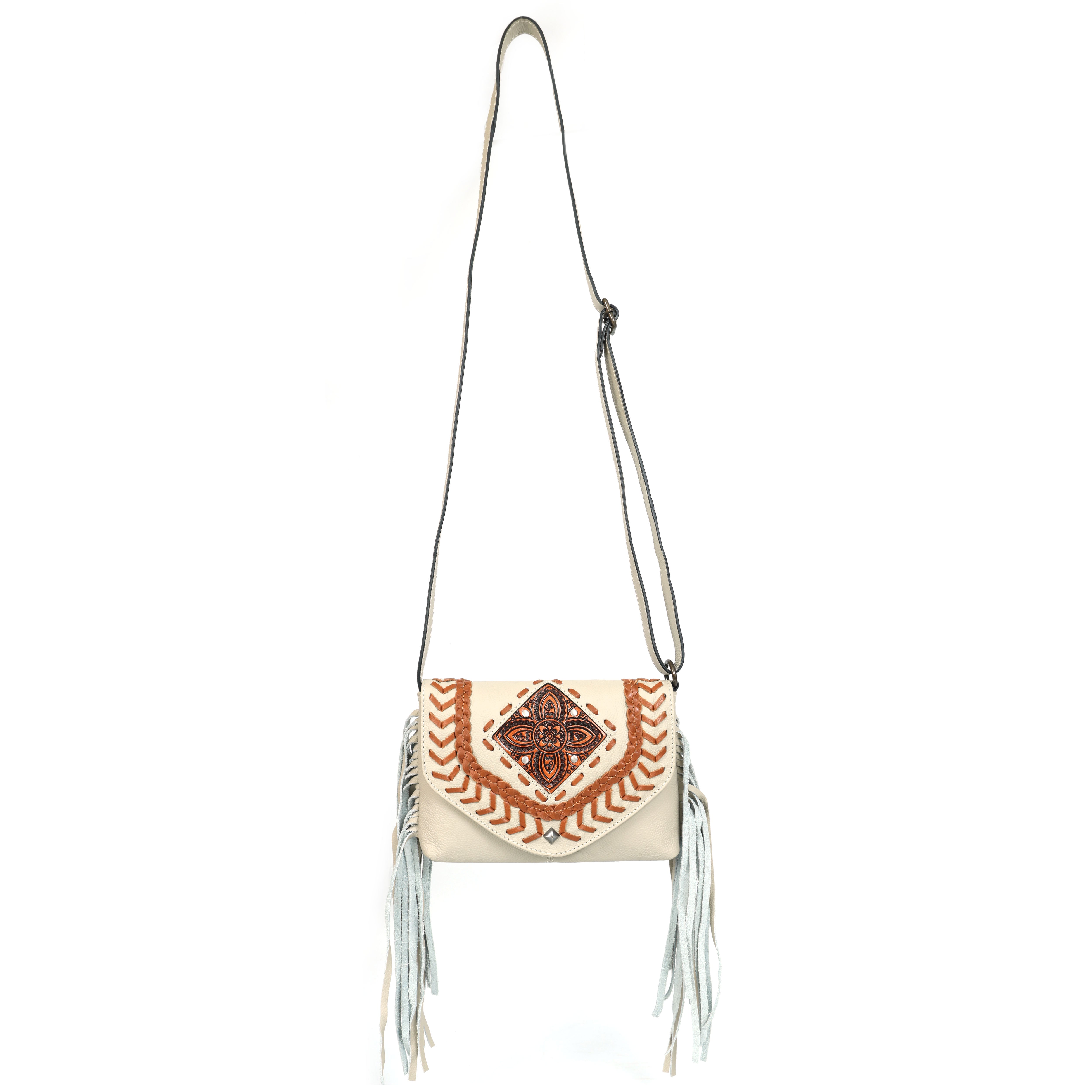 Front view of a beige leather crossbody bag with brown floral embossing, tan woven detailing, and light blue fringe tassels, displayed on a white background.