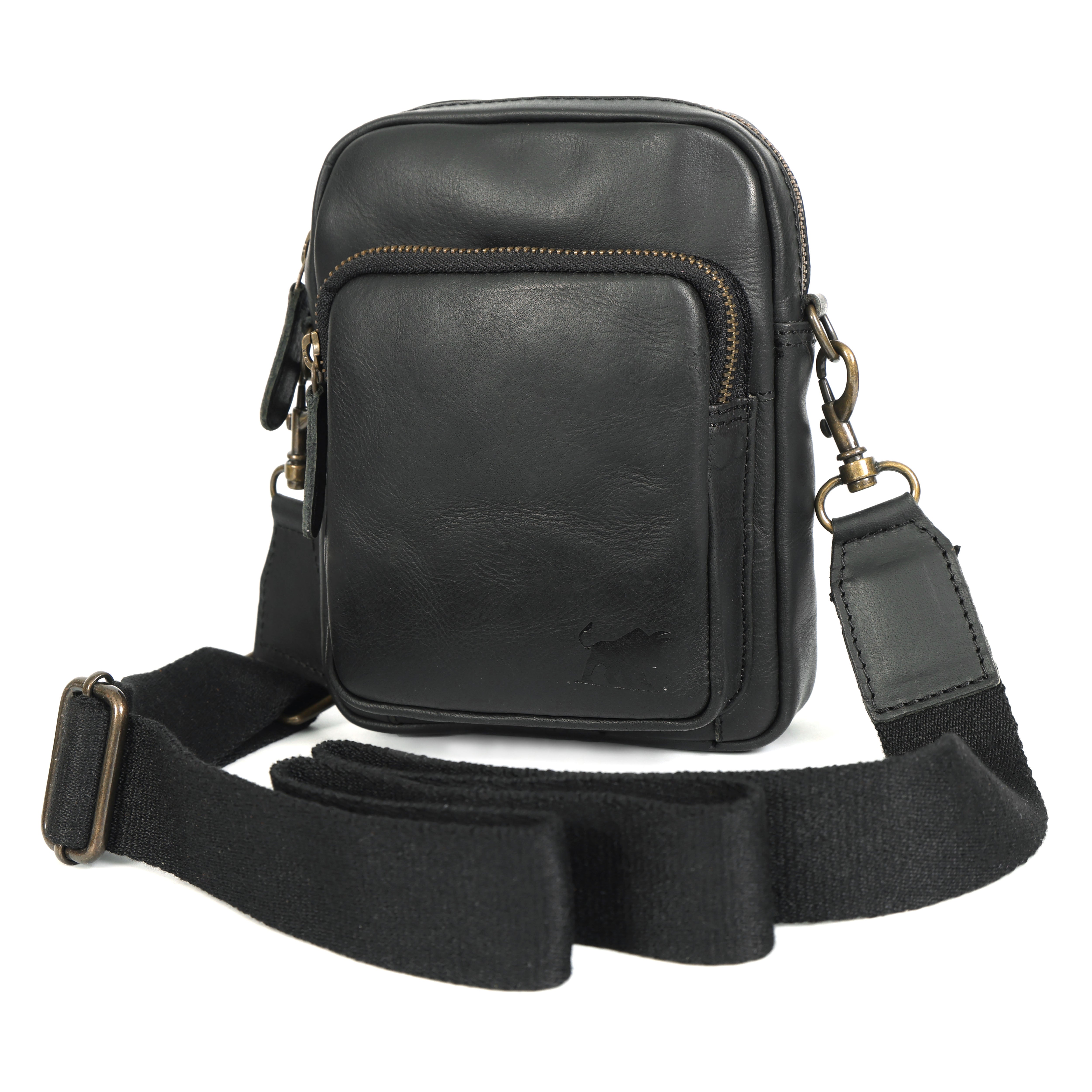 Black full-grain leather sling bag with a zippered front pocket and a black canvas crossbody strap.
