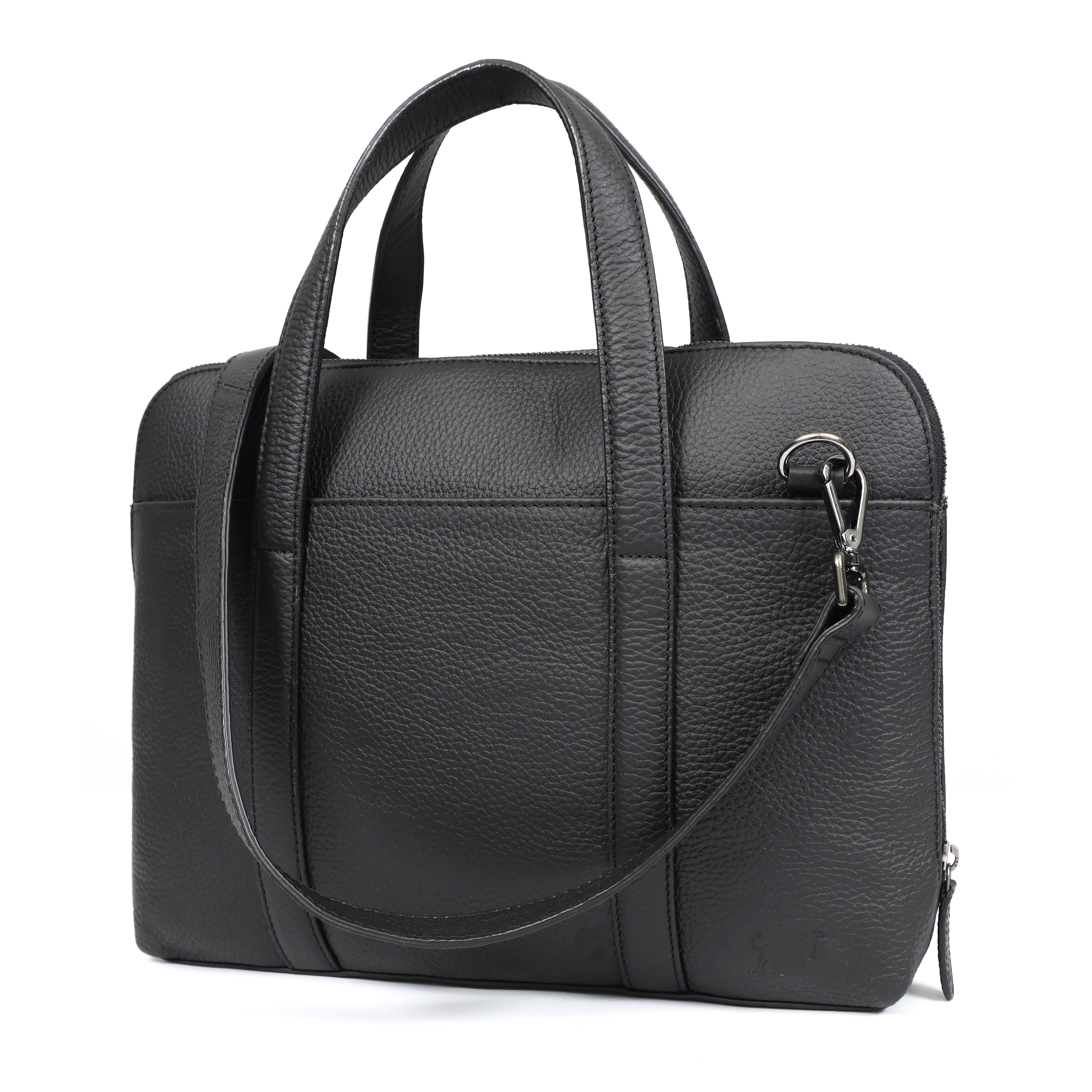 Black pebbled leather laptop bag with detachable shoulder strap, classic professional briefcase, plaid interior lining, GM Leather Auckland