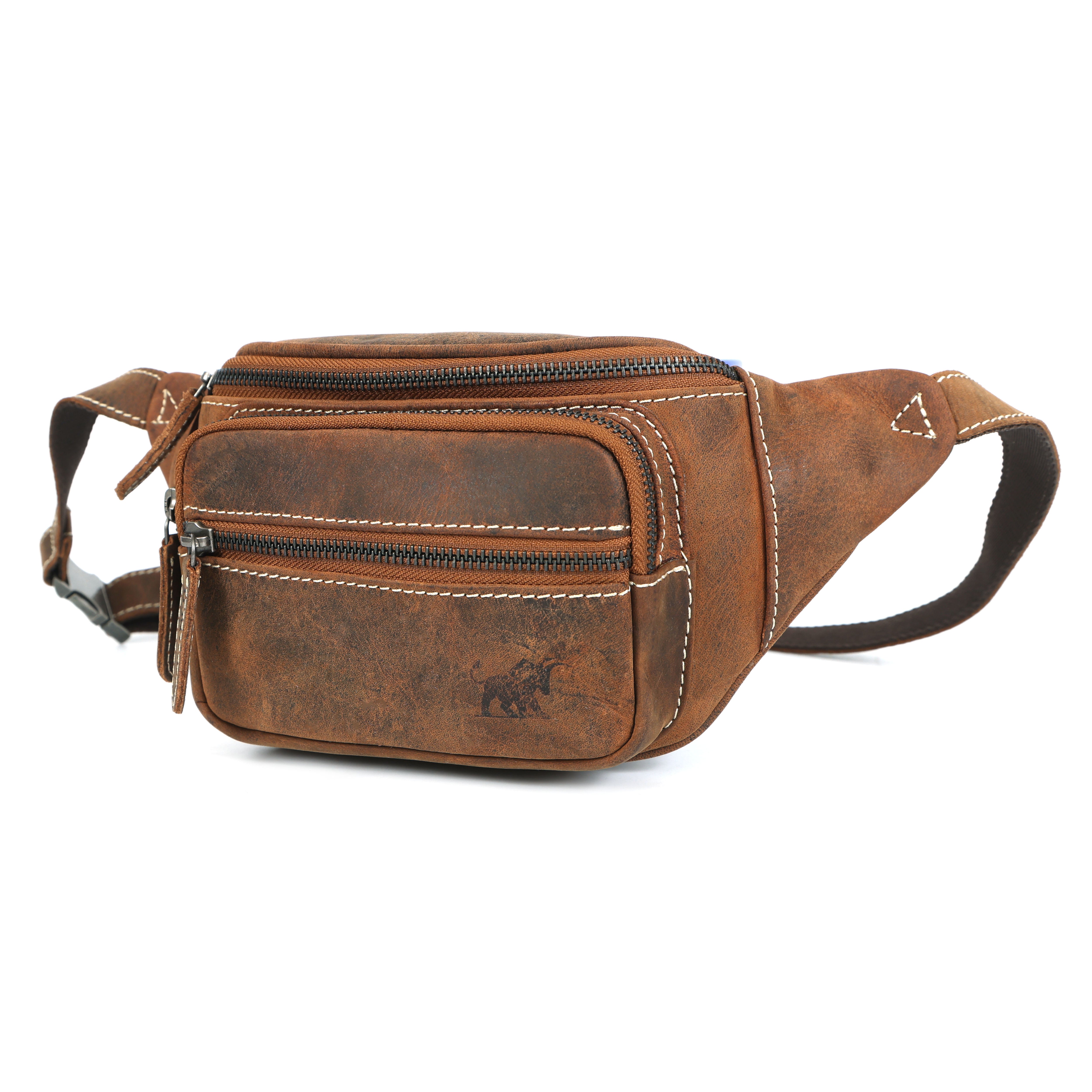 Buffalo Hill men's distressed hunter leather fanny pack with a bull logo, multiple zippered pockets, and white contrast stitching