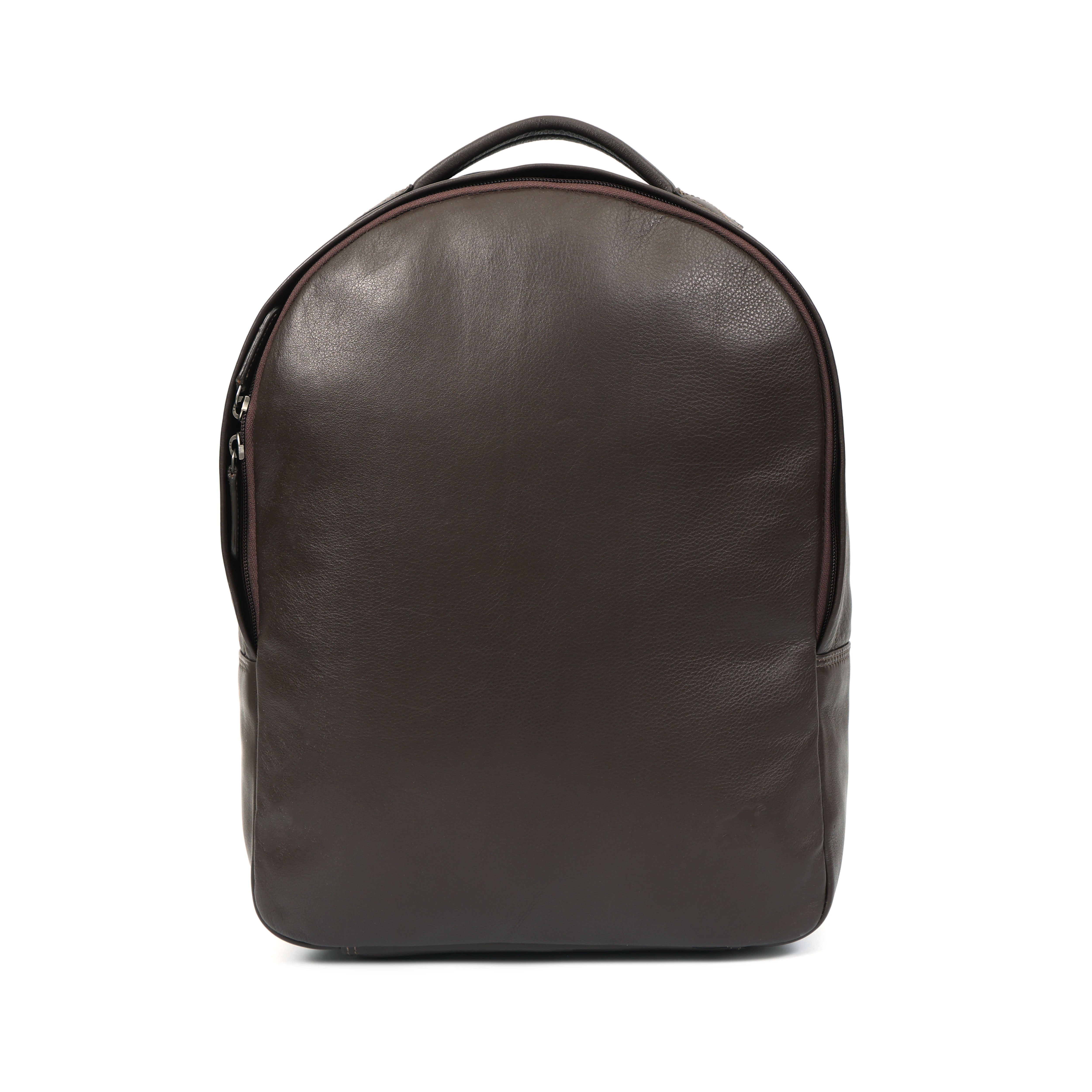 dark brown leather backpack with a smooth, minimalist design and a top handle.
