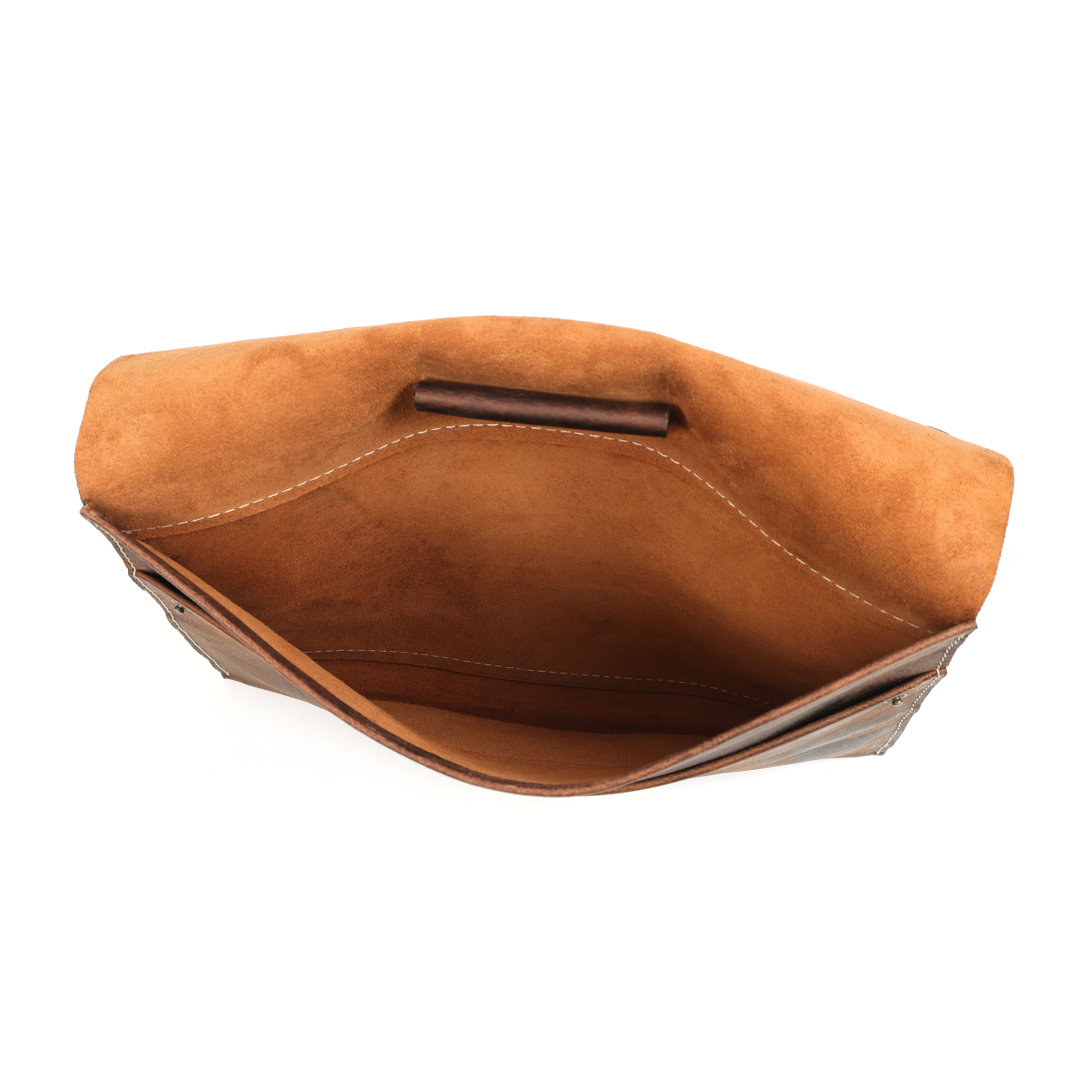 Distressed brown leather laptop sleeve or document portfolio with brass snaps, rugged full-grain leather, GM Leather Auckland