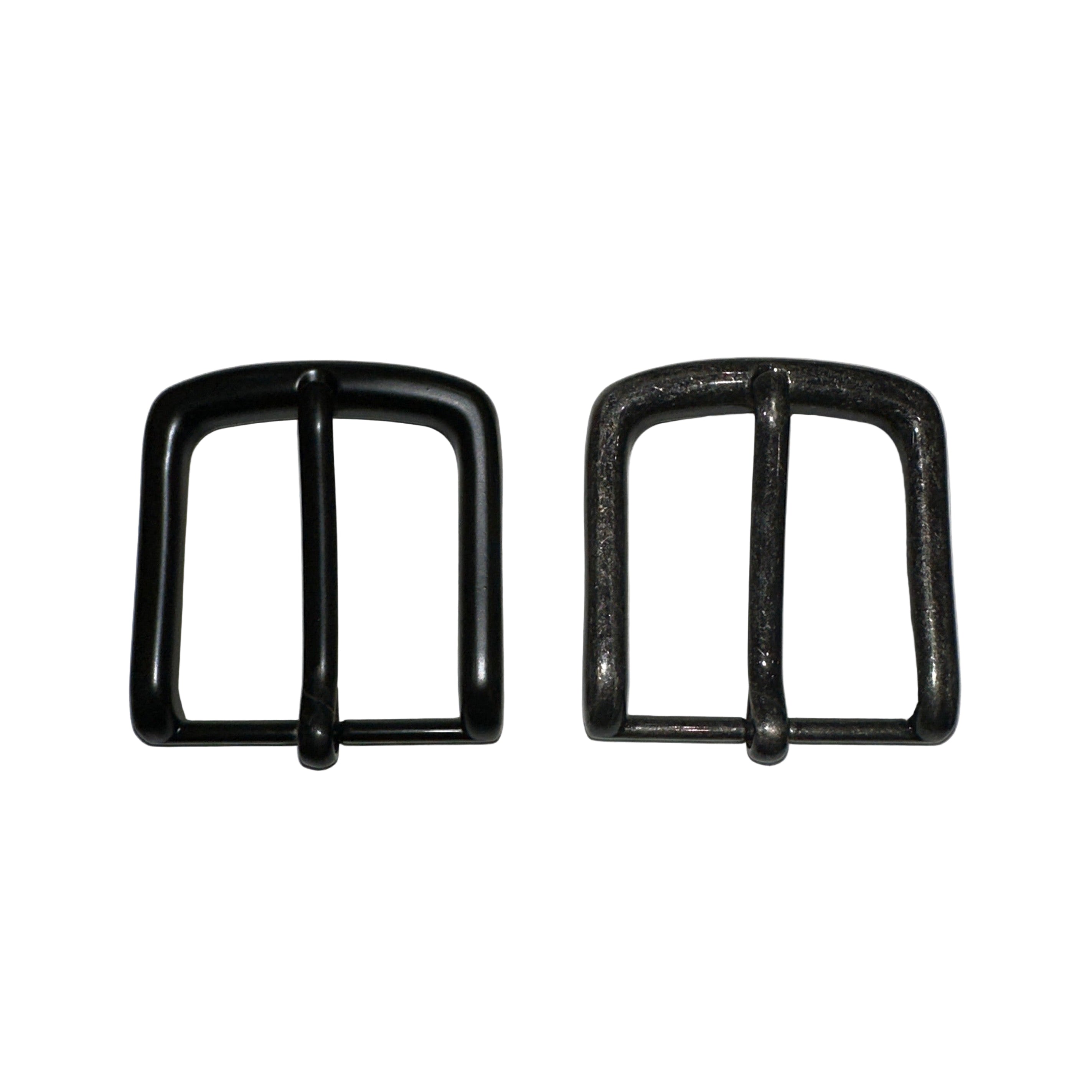metal belt buckles in matte black and aged steel finish, showcasing handcrafted detail and luxury design for full-grain leather belts.