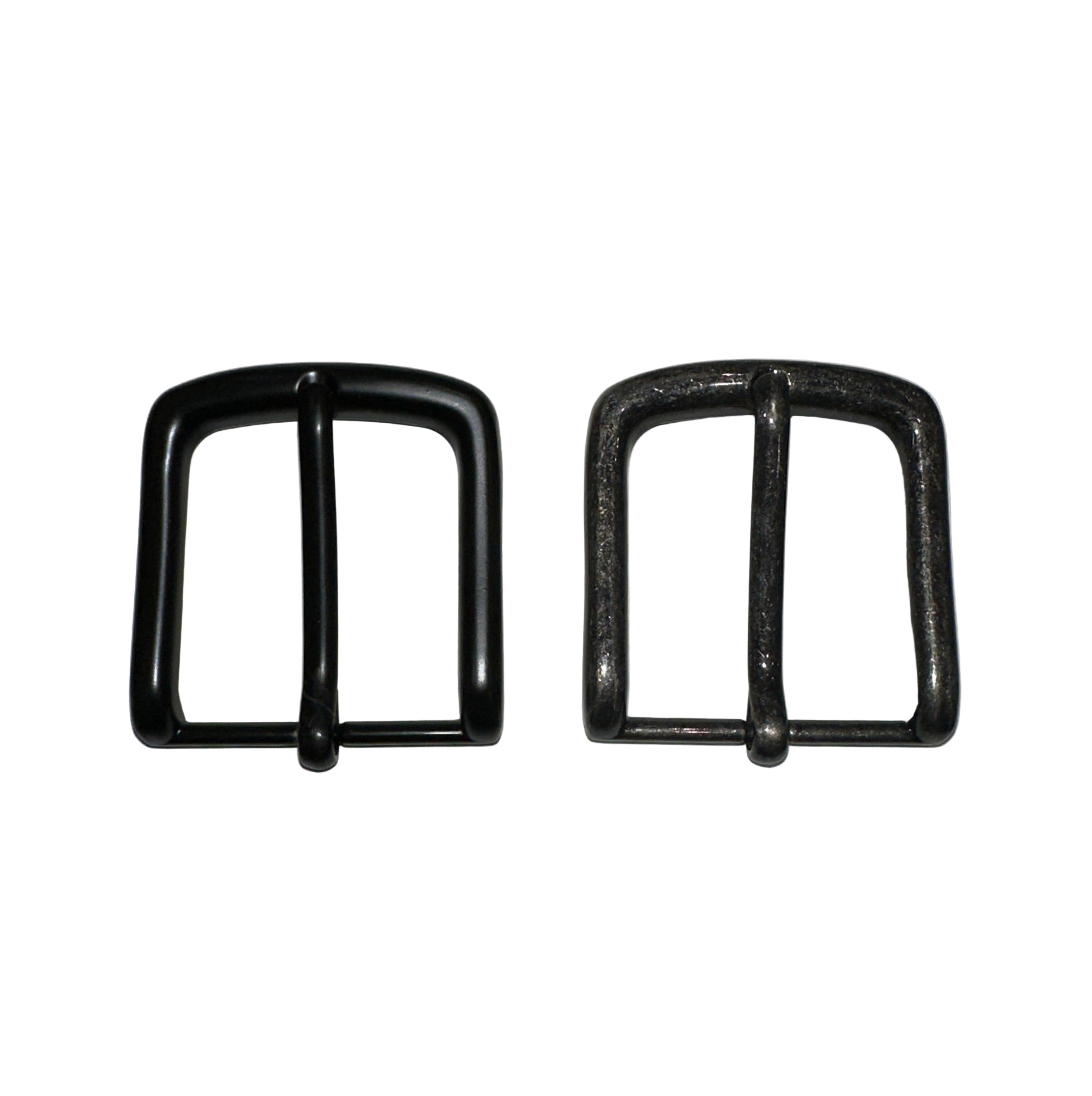 metal belt buckles in matte black and aged steel finish, showcasing handcrafted detail and luxury design for full-grain leather belts.