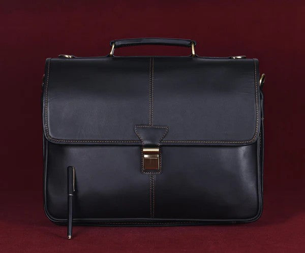 Black Laptop Bag: Brush Antique Fittings, Tan Stitching, and Unmatched Sophistication