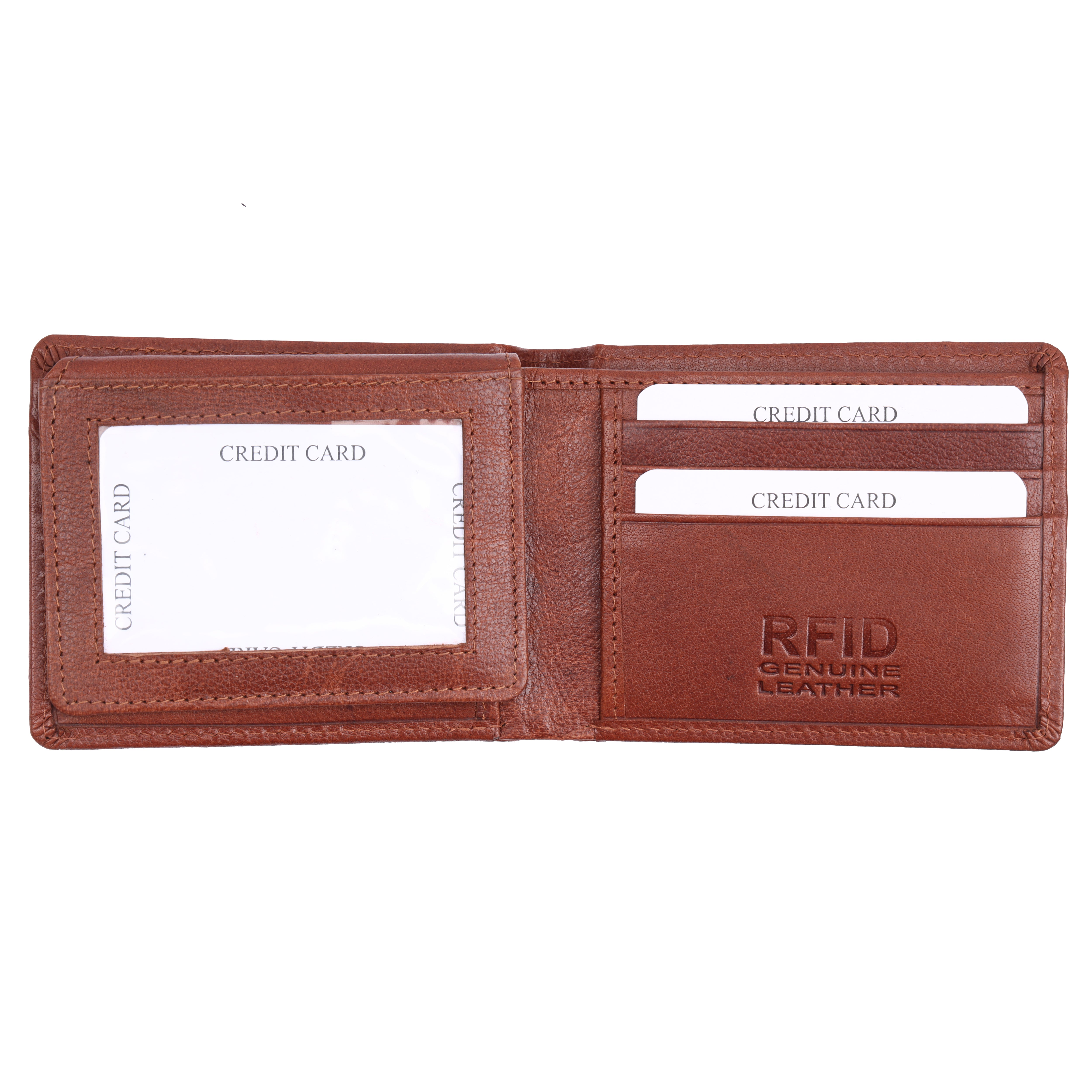 Fully extended view of GM Leather tan leather bi-fold interior displaying the flipped-up transparent credential window panel.