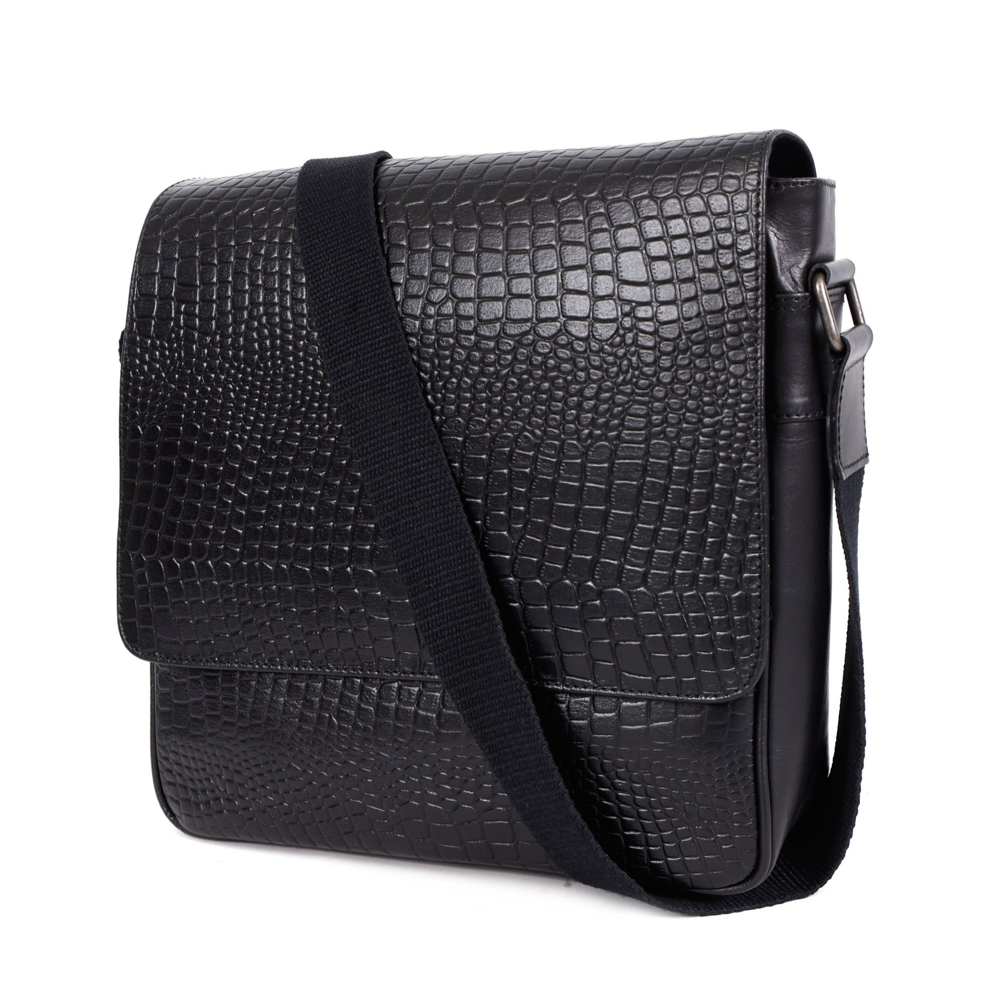 GM Leather Auckland premium leather messenger bag in black crocodile embossed full-grain leather perspective view.
