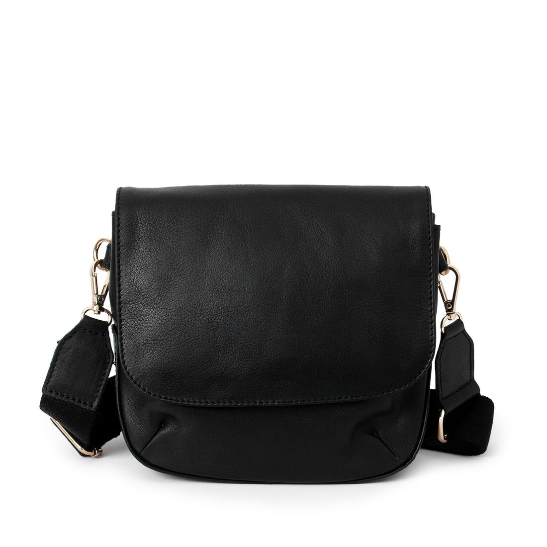 Black leather crossbody bag with flap and adjustable strap by GM Leather Auckland