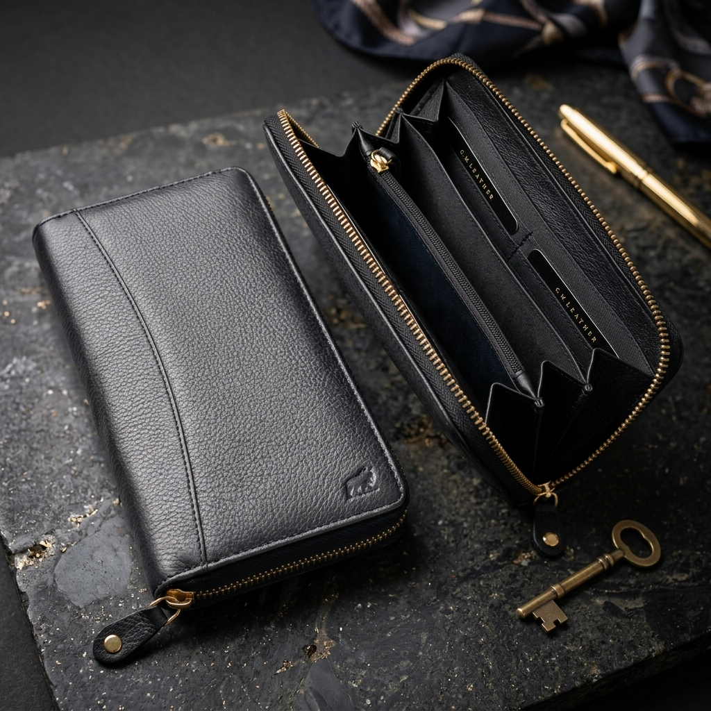 Black leather wallet with gold zipper on a dark textured surface
