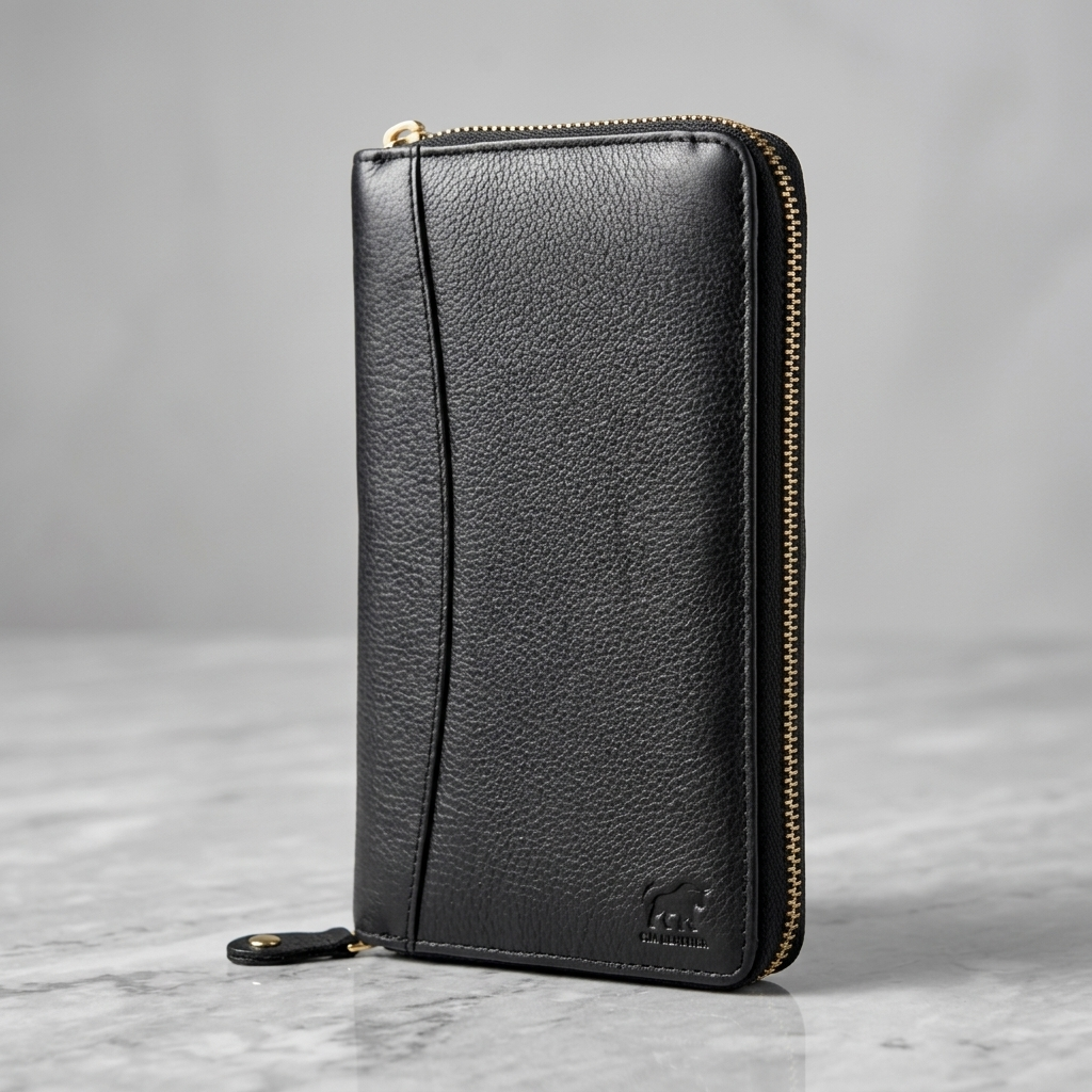 Black leather wallet with a zipper on a gray background