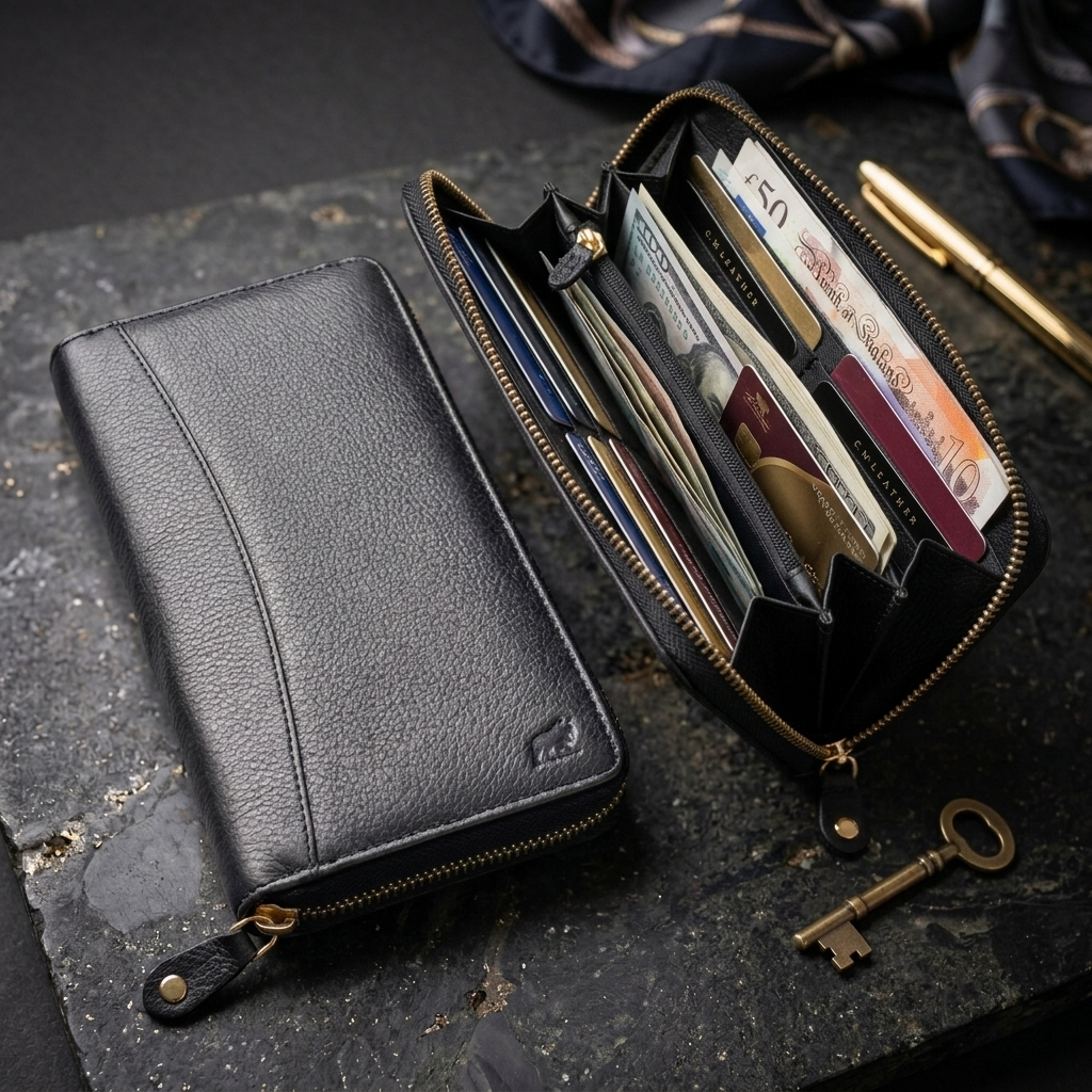 Black leather wallet with open compartments on a dark surface with keys and a scarf.