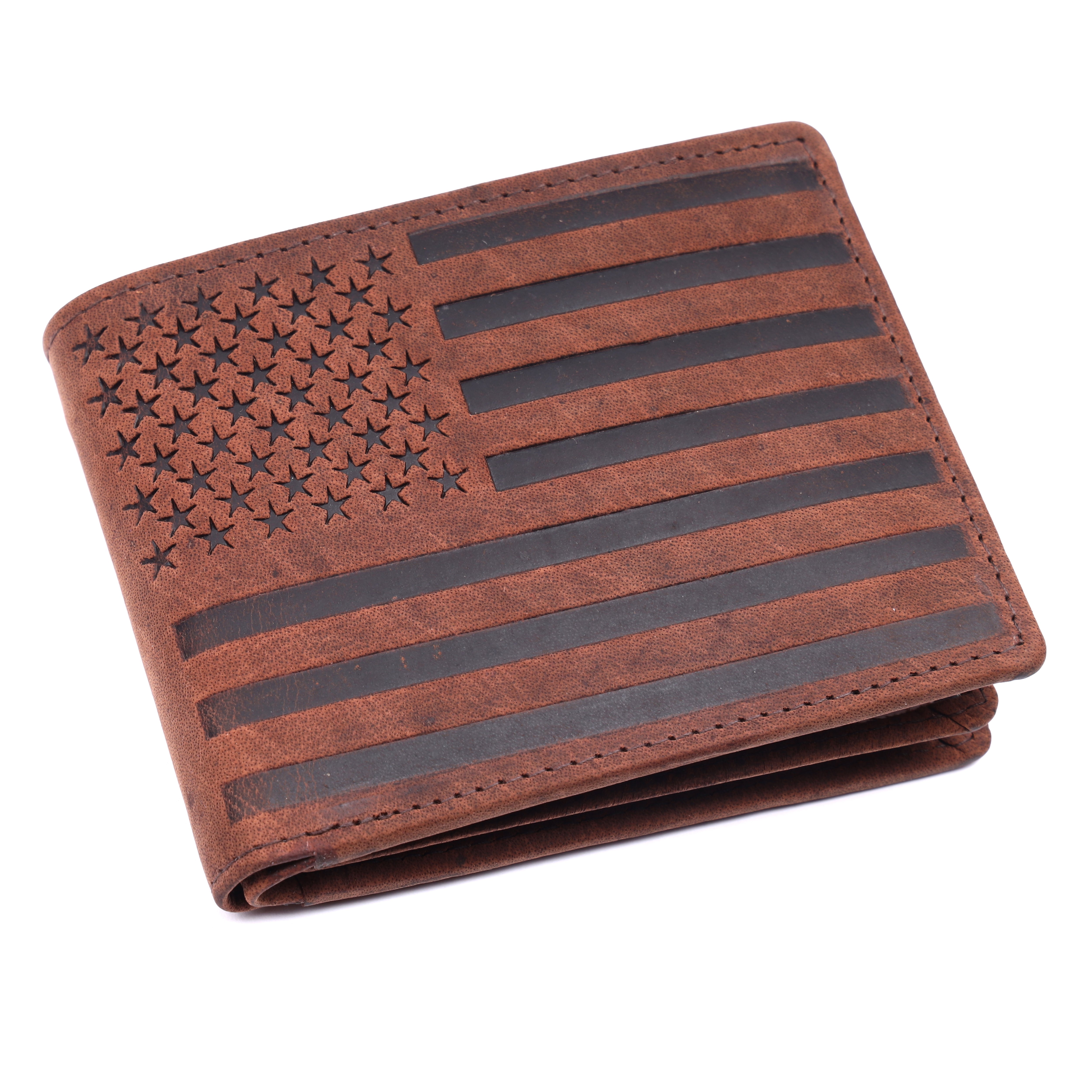 GM Leather Auckland brown genuine leather American flag bifold wallet with vintage rugged finish
