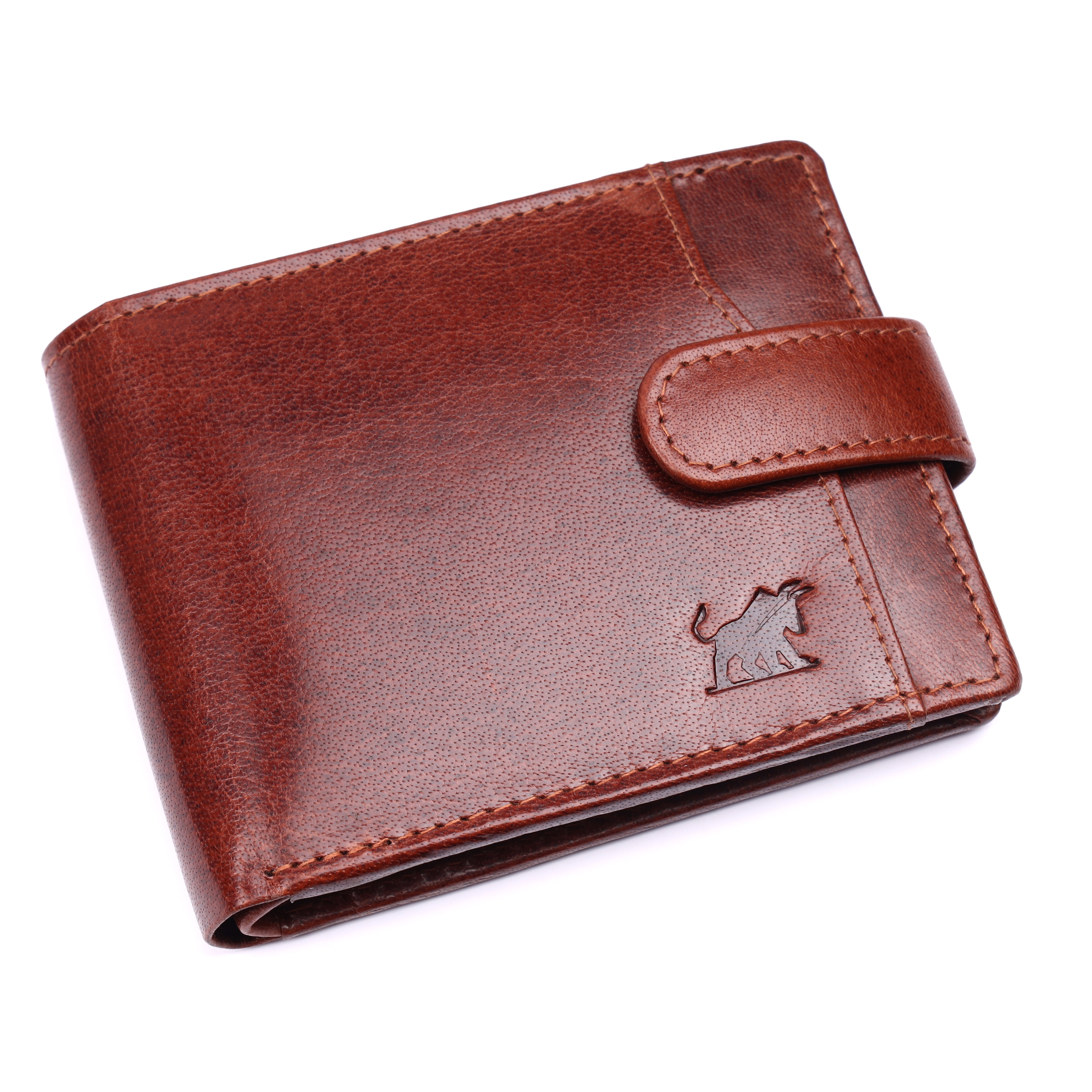 Auckland men's brown leather bifold wallet with secure tab closure and embossed bull logo