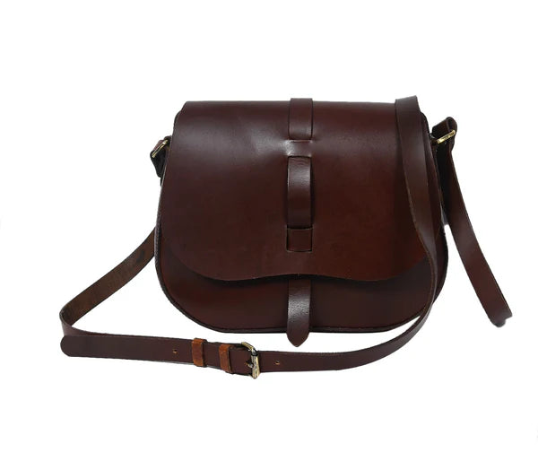 Brown leather crossbody satchel showing interior pockets by GM Leather Auckland