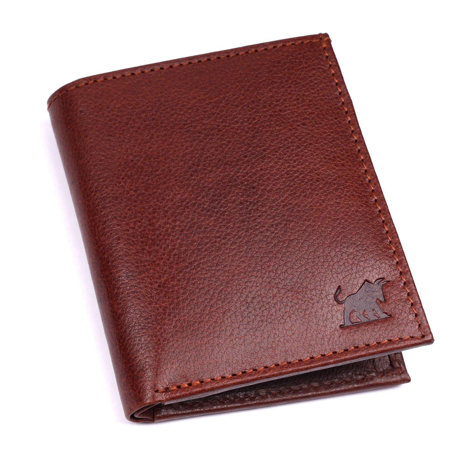 GM Leather Auckland brown leather wallet front view showing textured grain and embossed logo
