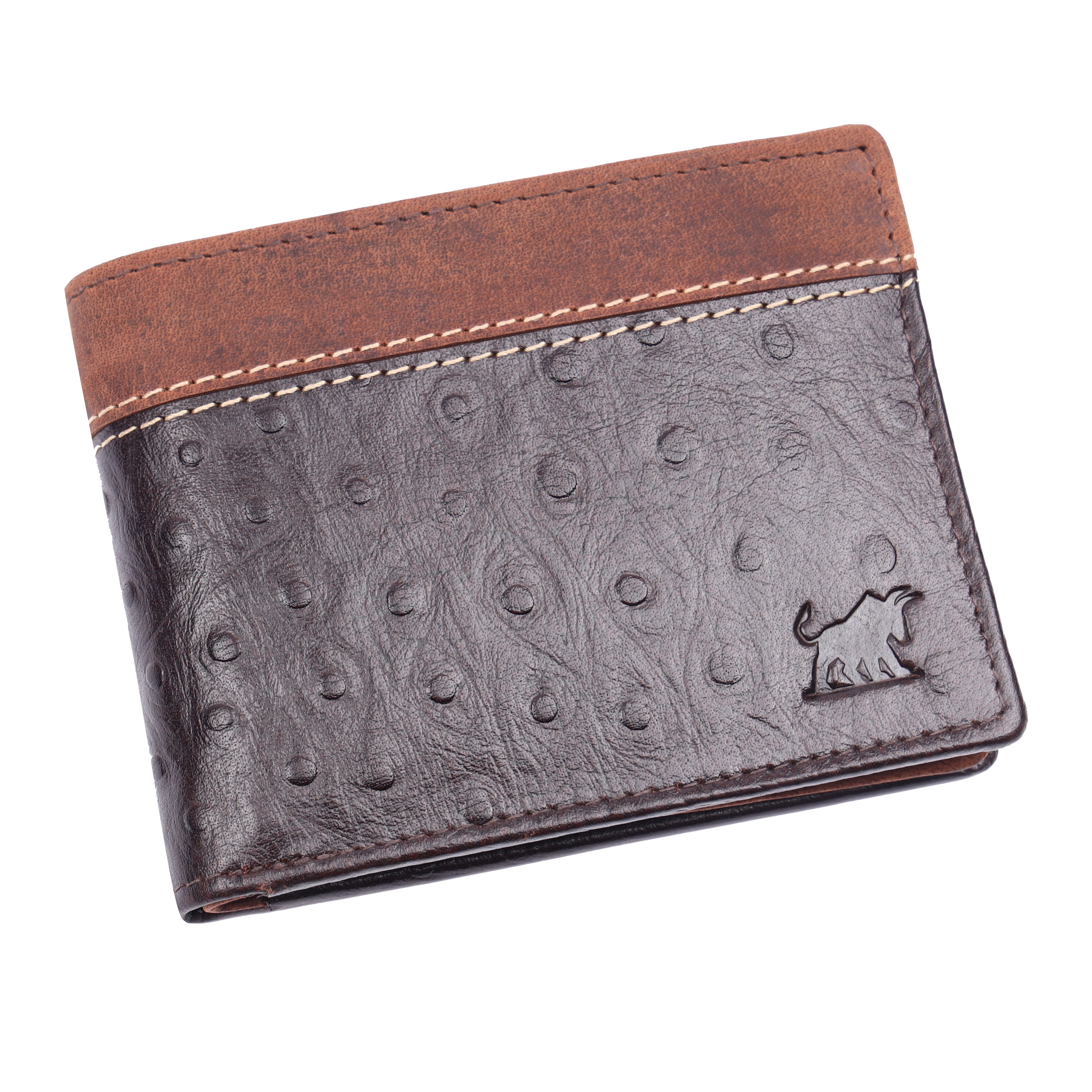 GM Leather Auckland men's brown bifold ostrich leather wallet featuring textured dark brown finish and smooth tan upper accent.