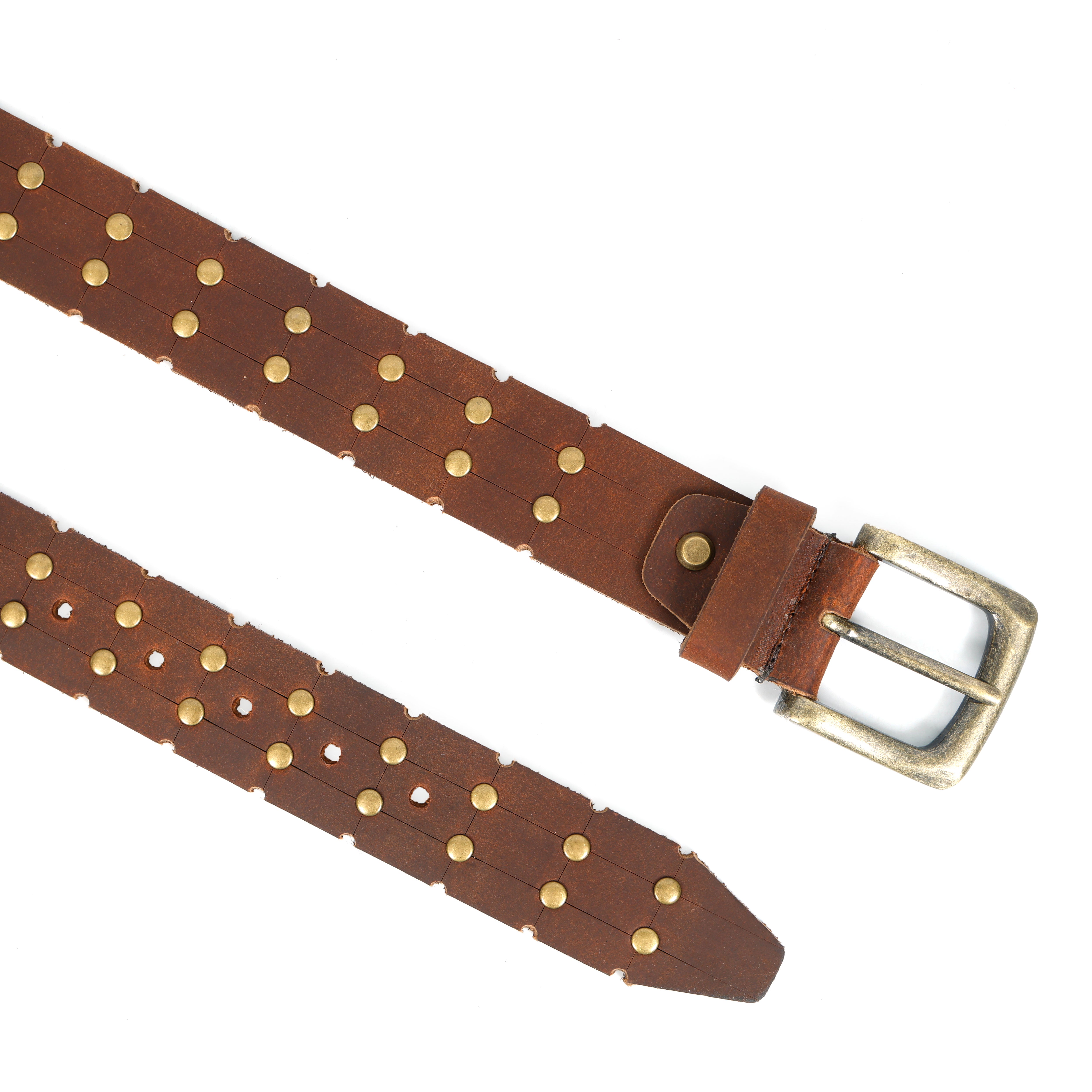 handcrafted brown studded genuine leather belt with antique brass buckle by GM Leather Auckland, rugged vintage style for casual and biker wear