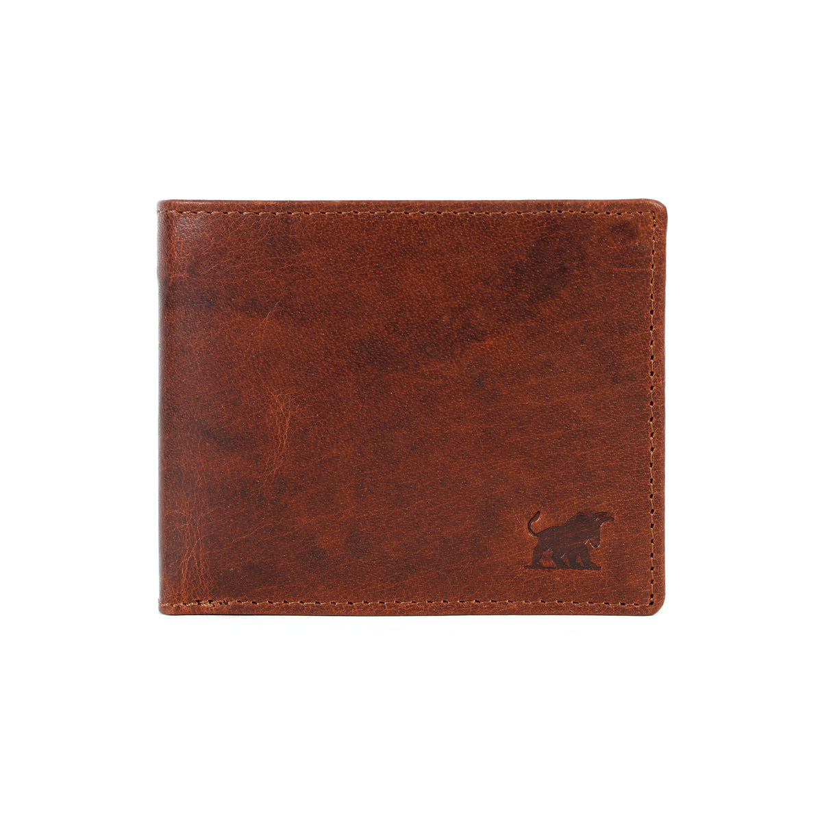premium cognac brown genuine leather men's bifold wallet with fine perimeter stitching and an embossed bull motif by GM Leather Auckland.