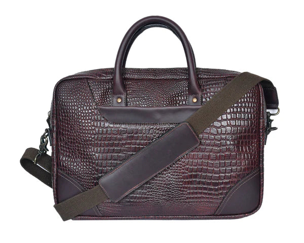 GM Leather Auckland luxury embossed crocodile leather laptop bag in deep brown with top handles and adjustable shoulder strap, premium business briefcase for professionals