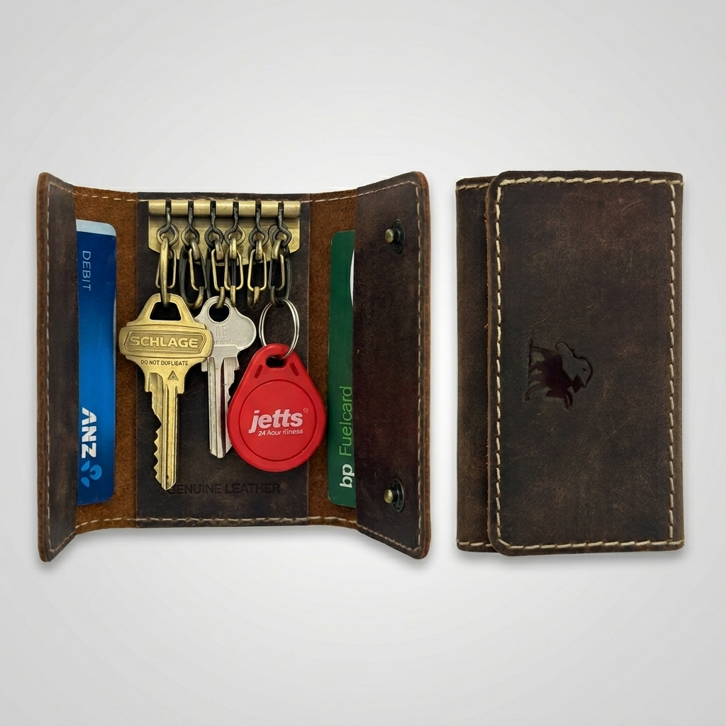 Brown leather key holder with keys and cards on a white background