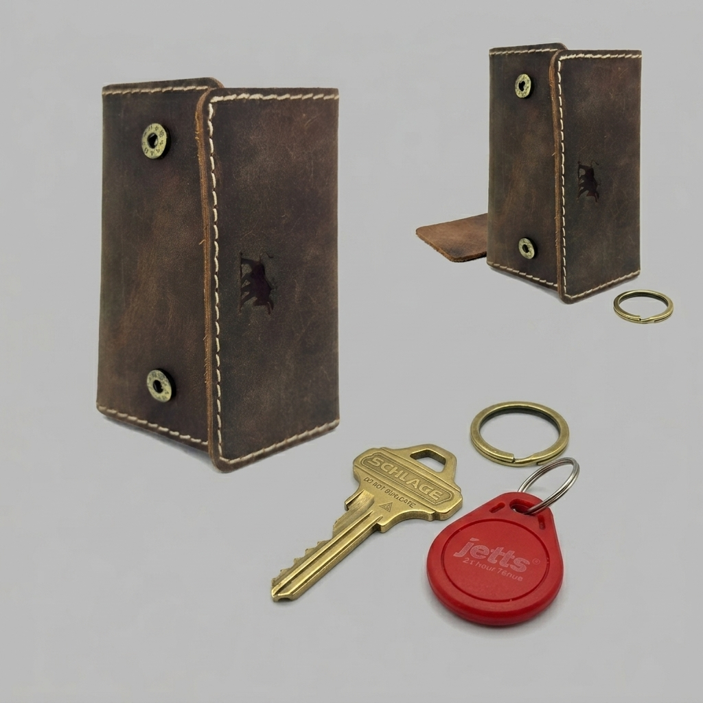 Brown leather key holder with keys and a red tag on a gray background