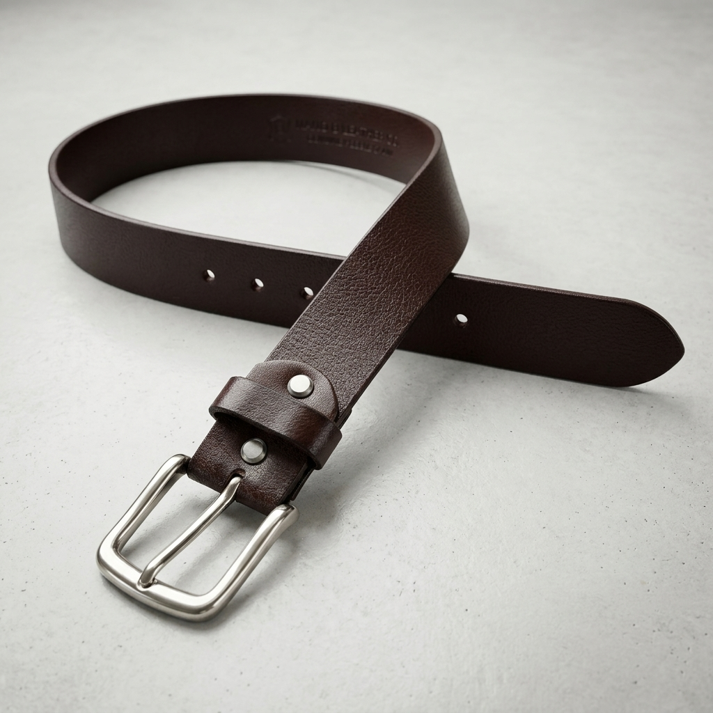 Brown leather belt with silver buckle on a light gray background