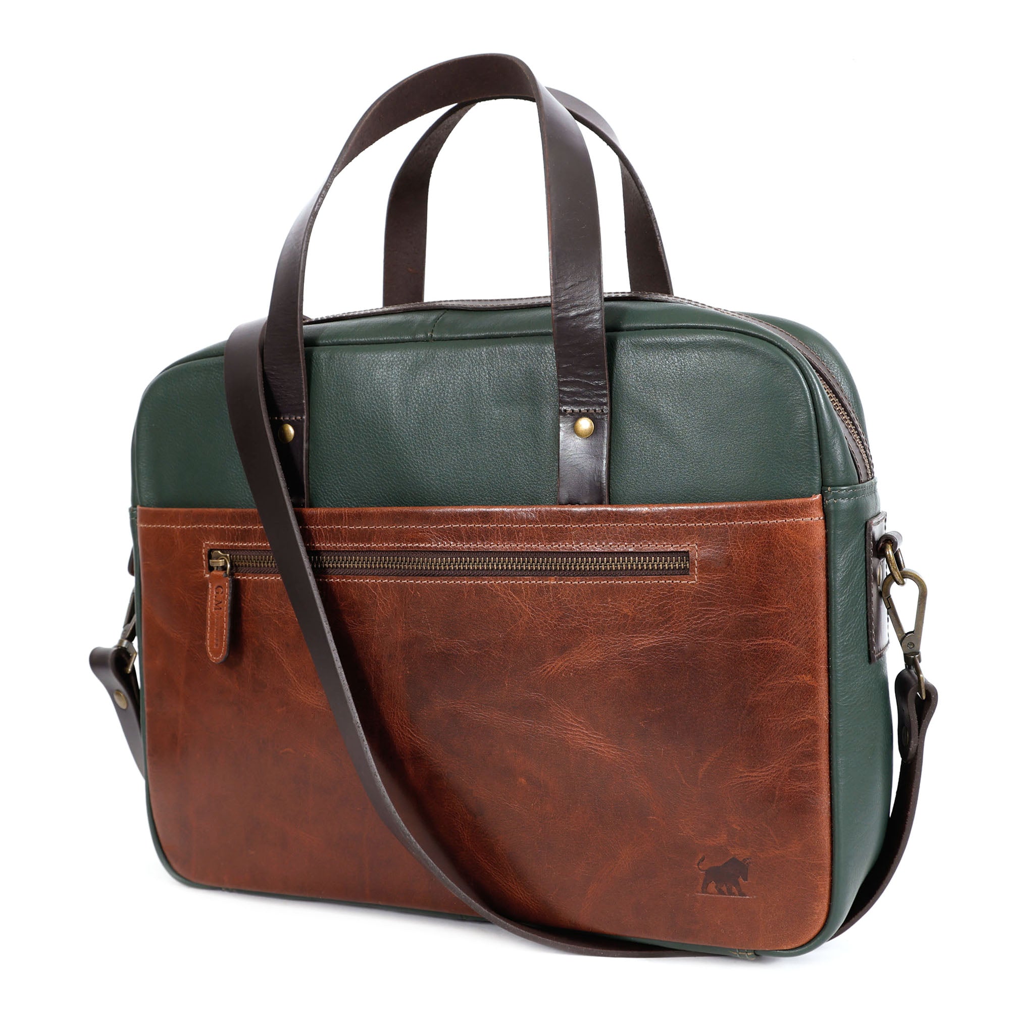 GM Leather Auckland premium two-tone forest green and brown leather laptop briefcase front view