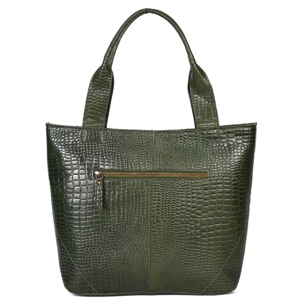 GM Leather Auckland green leather tote bag with crocodile texture displayed upright