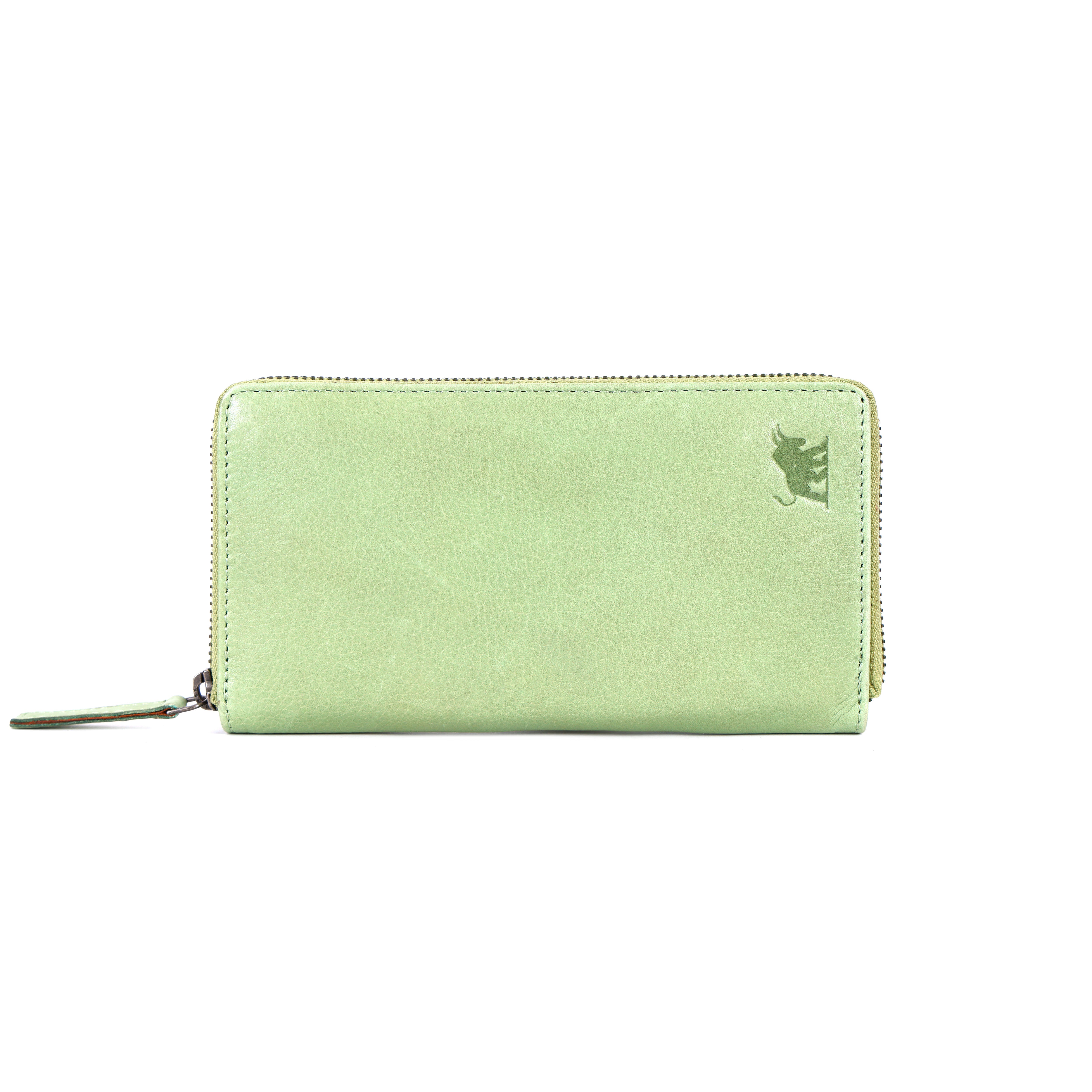 GM Leather Auckland premium light green leather zip-around clutch wallet for women with debossed bull logo