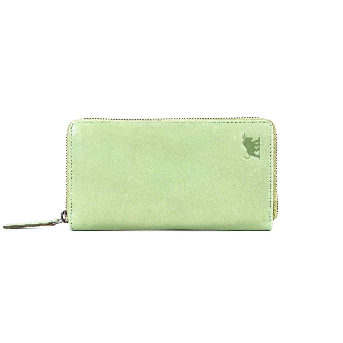 GM Leather Auckland premium light green leather zip-around clutch wallet for women with debossed bull logo