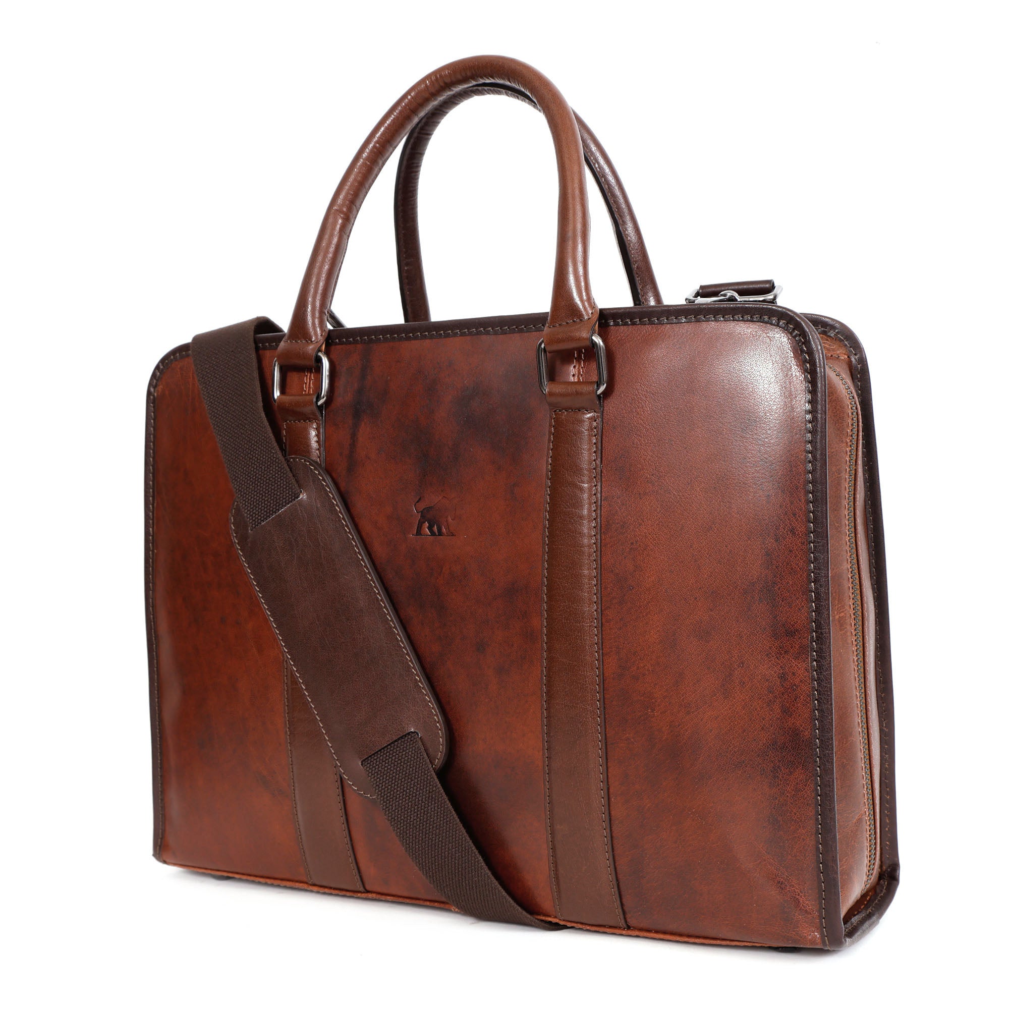 Auckland heritage full-grain leather briefcase in burnished brown with padded shoulder strap and reinforced handles.