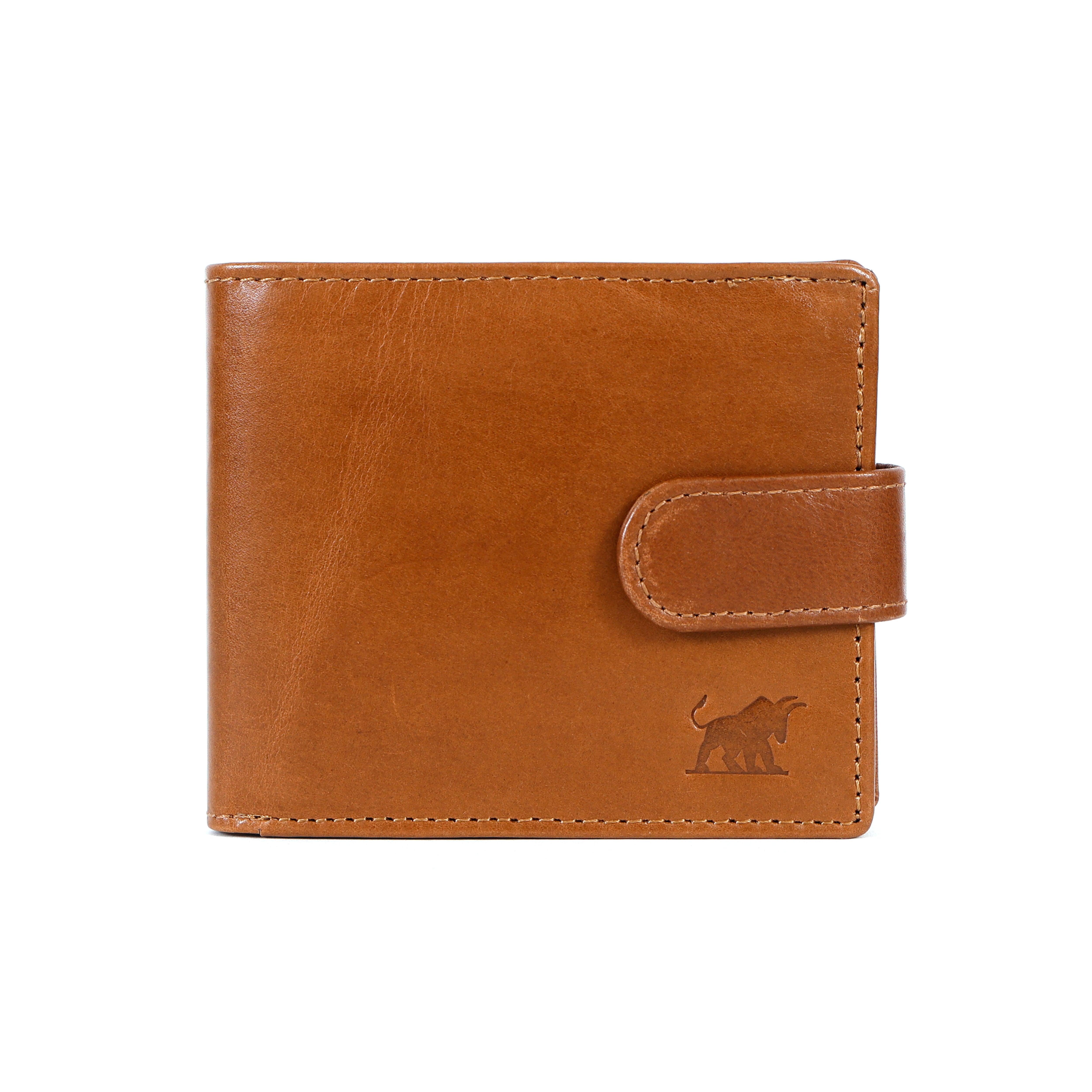 premium tan bifold men's leather wallet displaying precise stitching and a subtle embossed bull logo by GM Leather Auckland