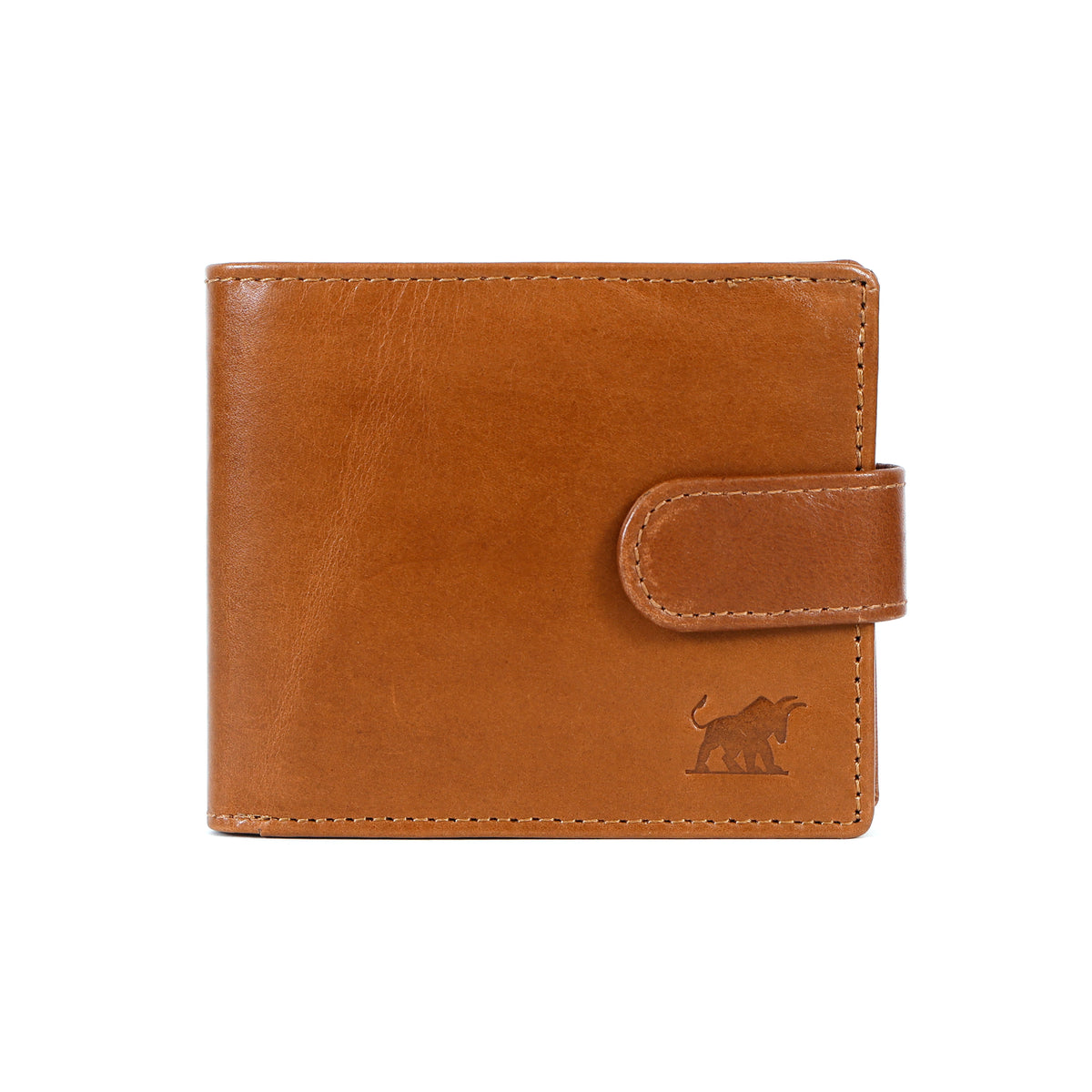 premium tan bifold men's leather wallet displaying precise stitching and a subtle embossed bull logo by GM Leather Auckland