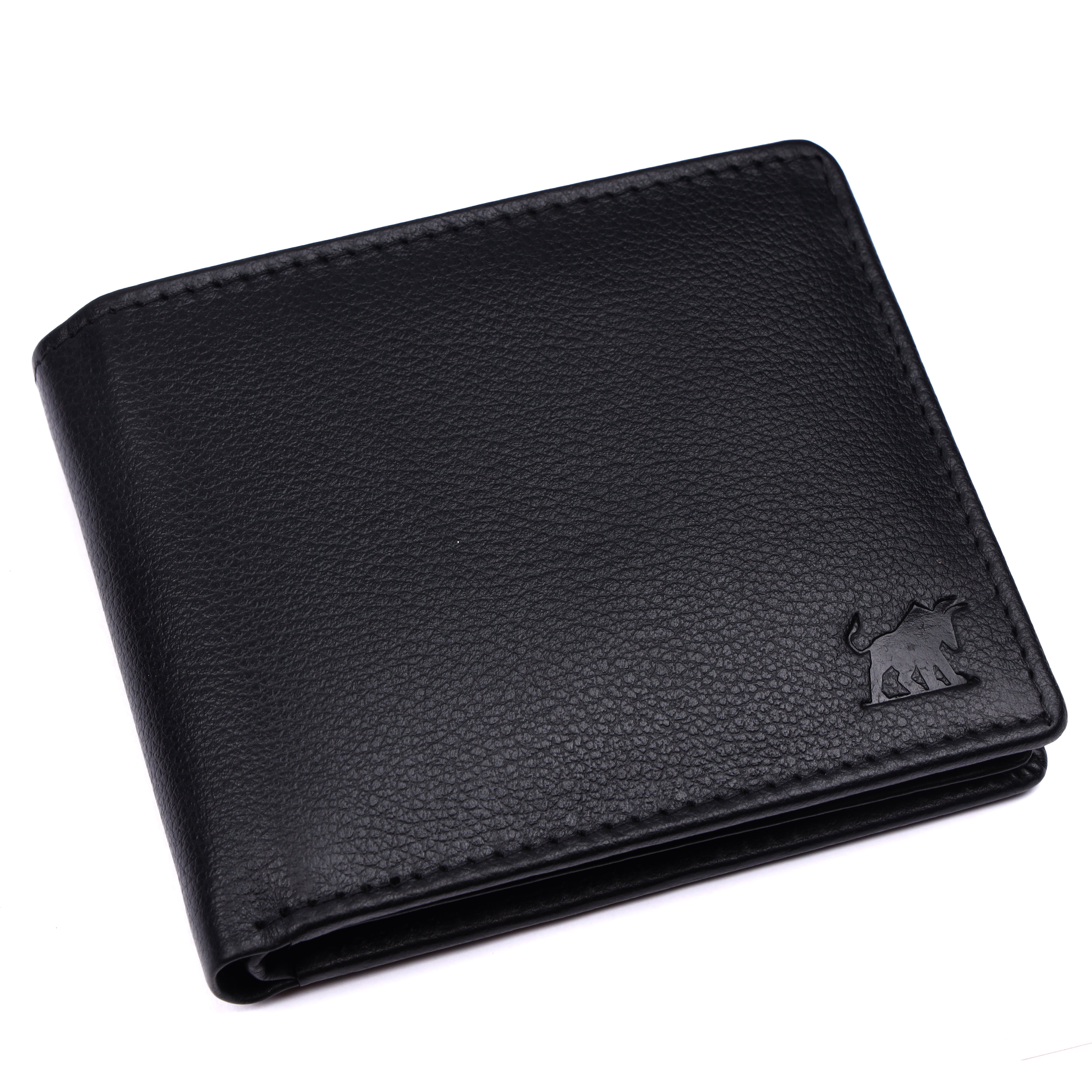 GM Leather Auckland premium men's leather wallet in black, showing a three-quarter angled view of the pebble-grain bifold exterior with an embossed heritage bull logo.