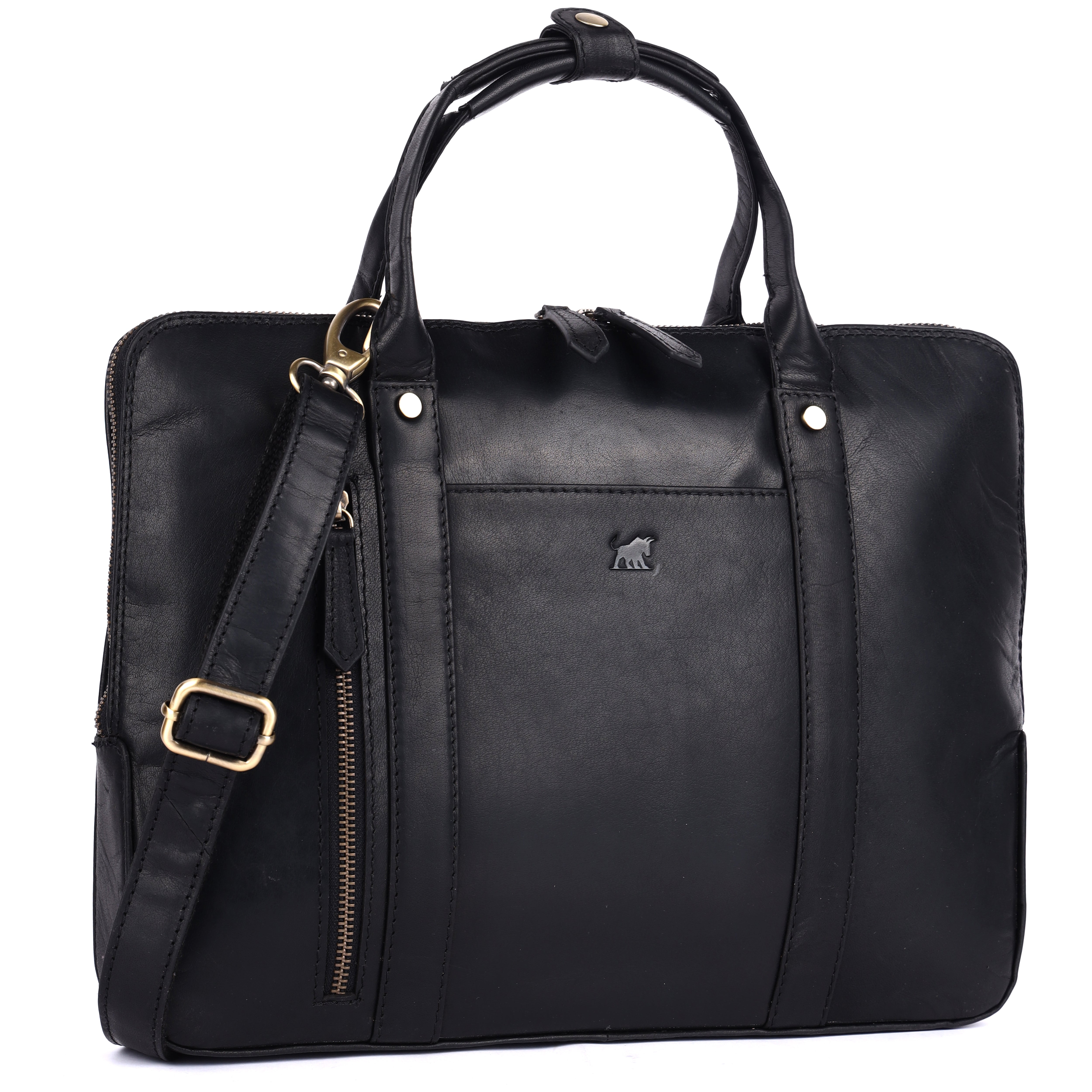 GM Leather Auckland premium men's leather briefcase in black, showcasing the front profile with vertical zipper pocket, brass hardware, and detachable shoulder strap.