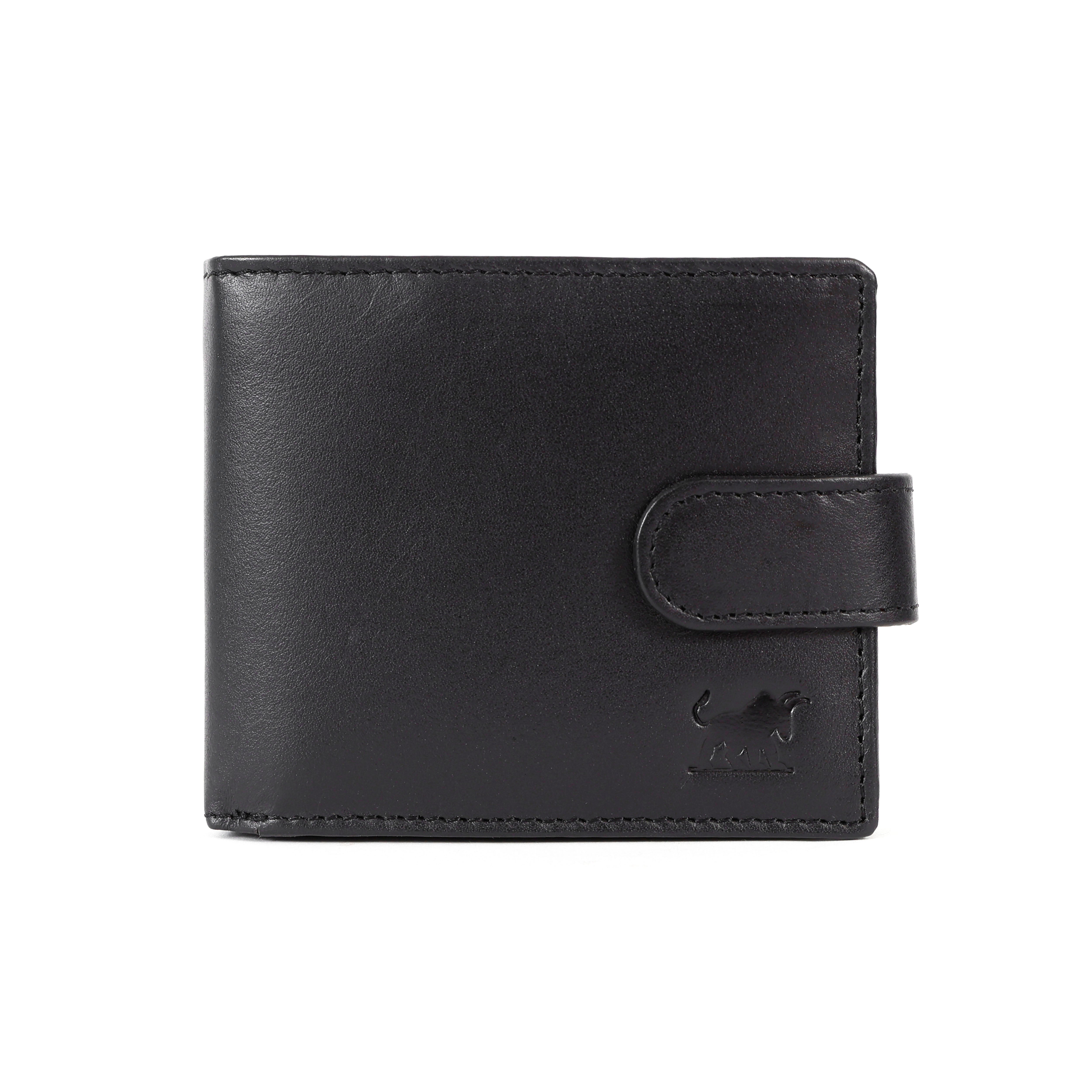 GM Leather Auckland men's classic black genuine leather bi-fold wallet with secure snap tab closure.
