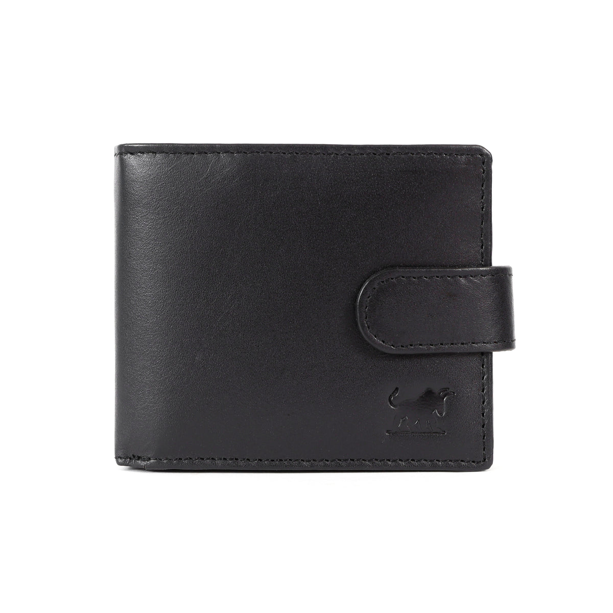 GM Leather Auckland men's classic black genuine leather bi-fold wallet with secure snap tab closure.
