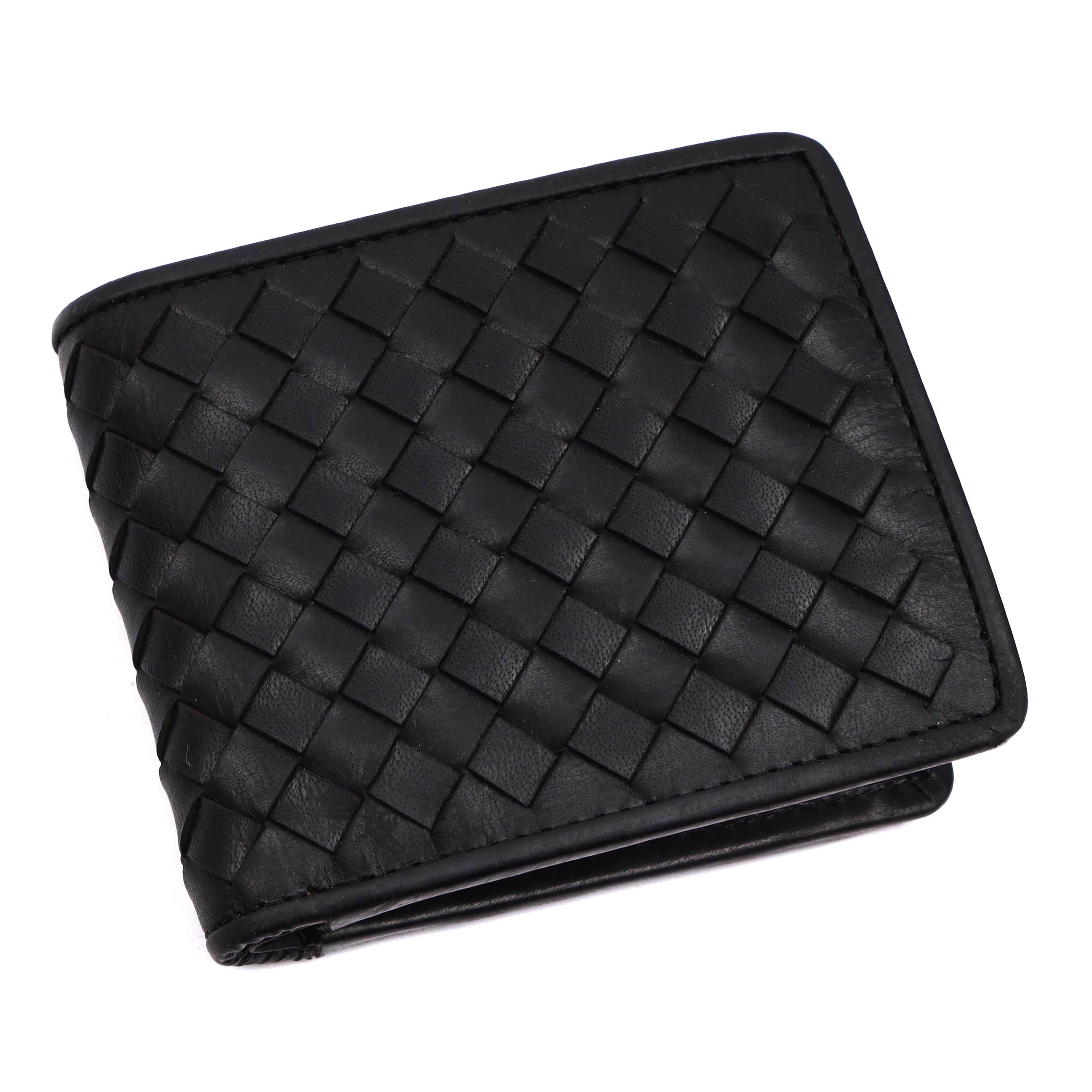 GM Leather Auckland premium men's leather wallet in black, showcasing the textured, luxury woven bifold exterior design from a three-quarter angle