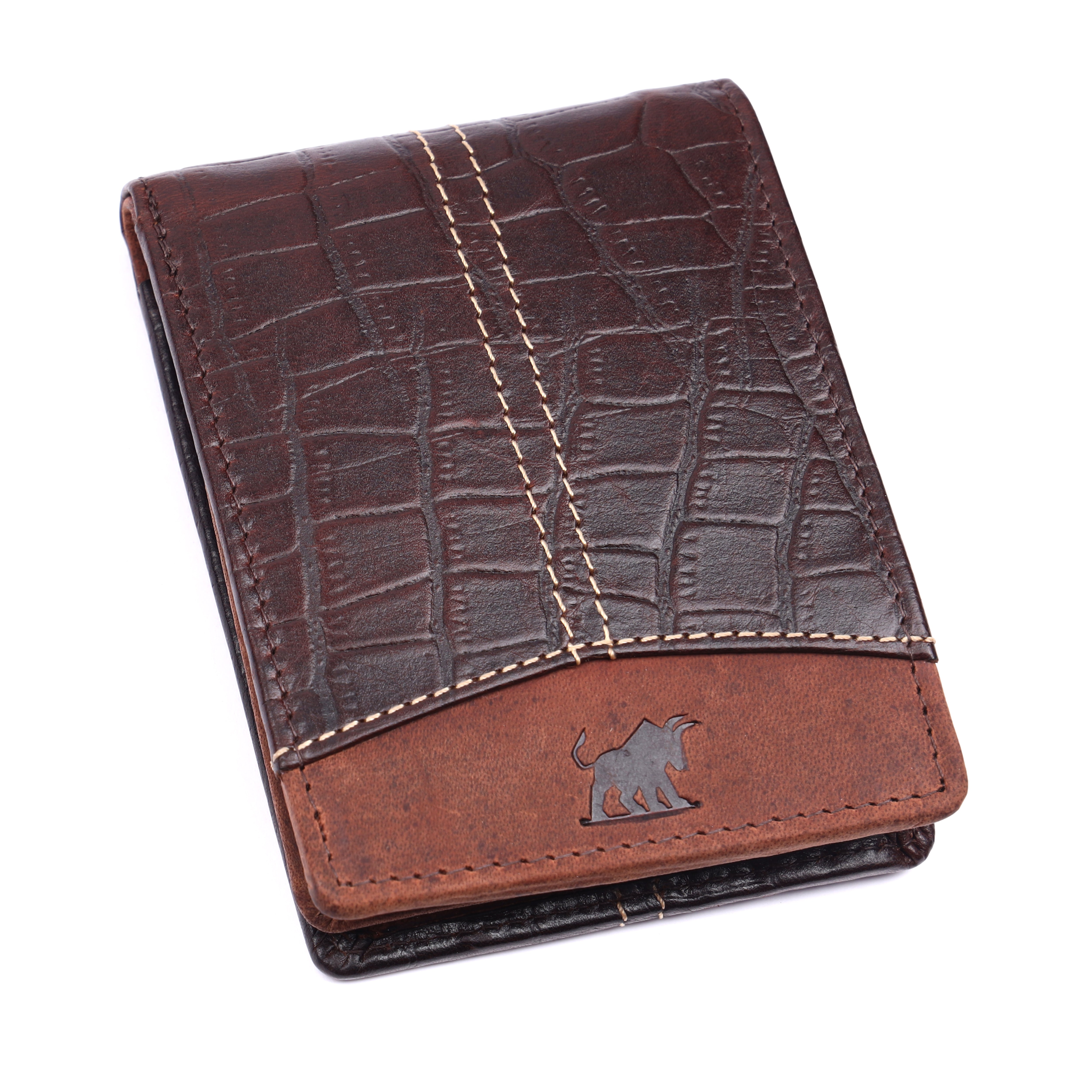 Handcrafted men's brown croc leather RFID wallet with embossed bull logo by GM Leather Auckland.
